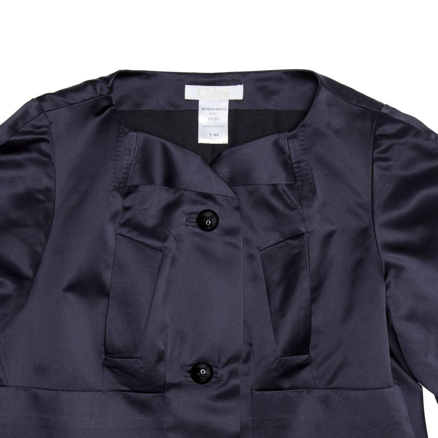 Chloe' Navy Silk Satin Jacket In New Condition For Sale In Brooklyn, NY