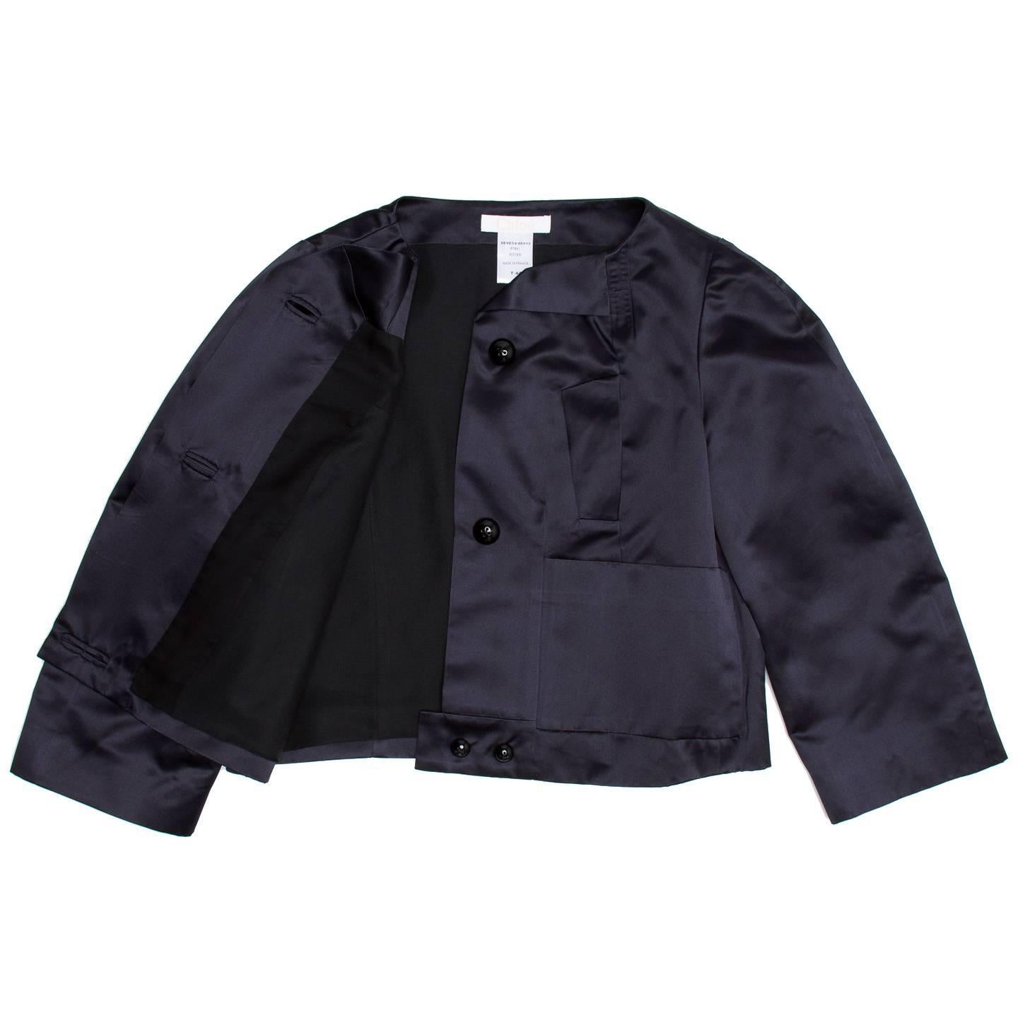 Black Chloe' Navy Silk Satin Jacket For Sale