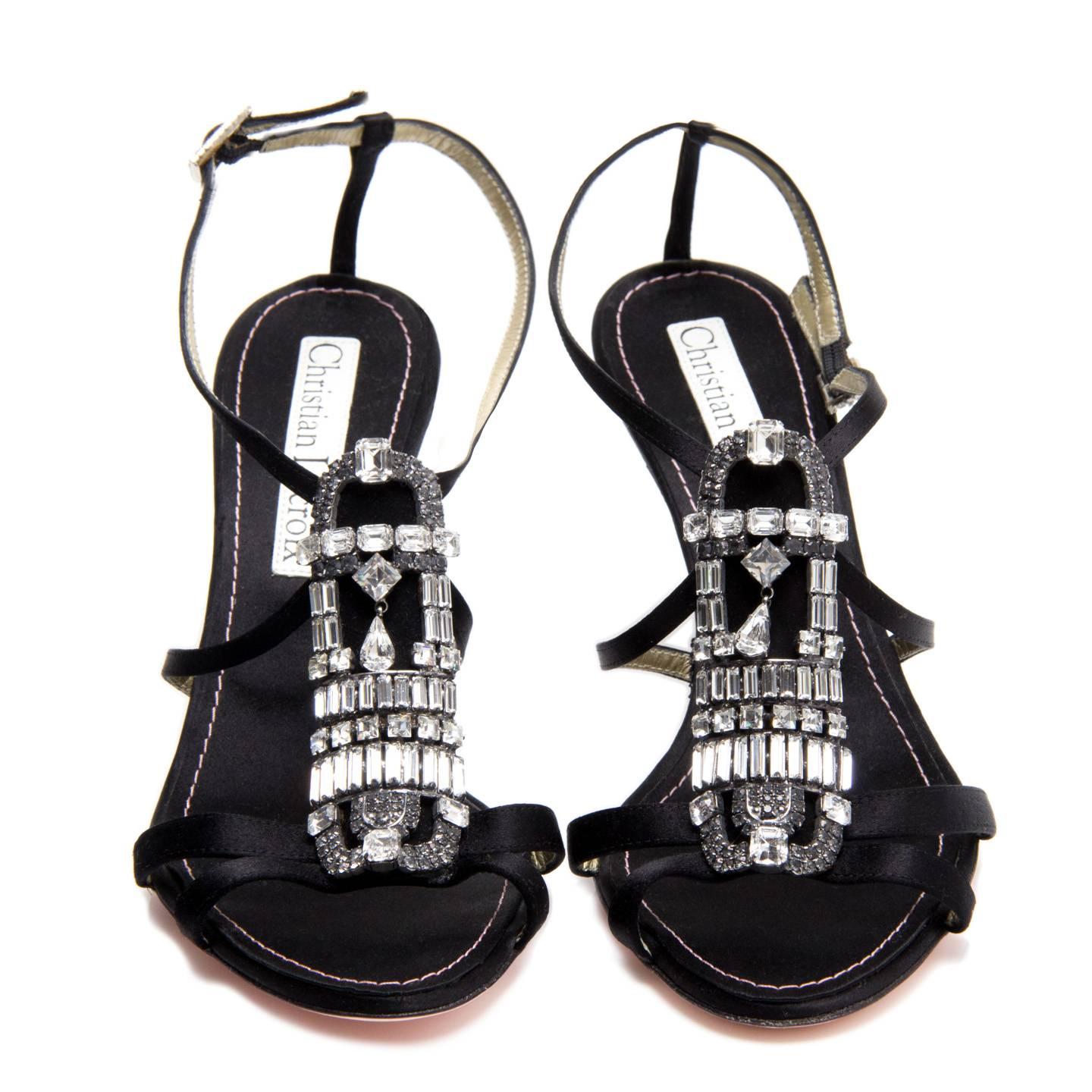 Christian Lacroix Black Satin & Crystals Sandals In New Condition For Sale In Brooklyn, NY
