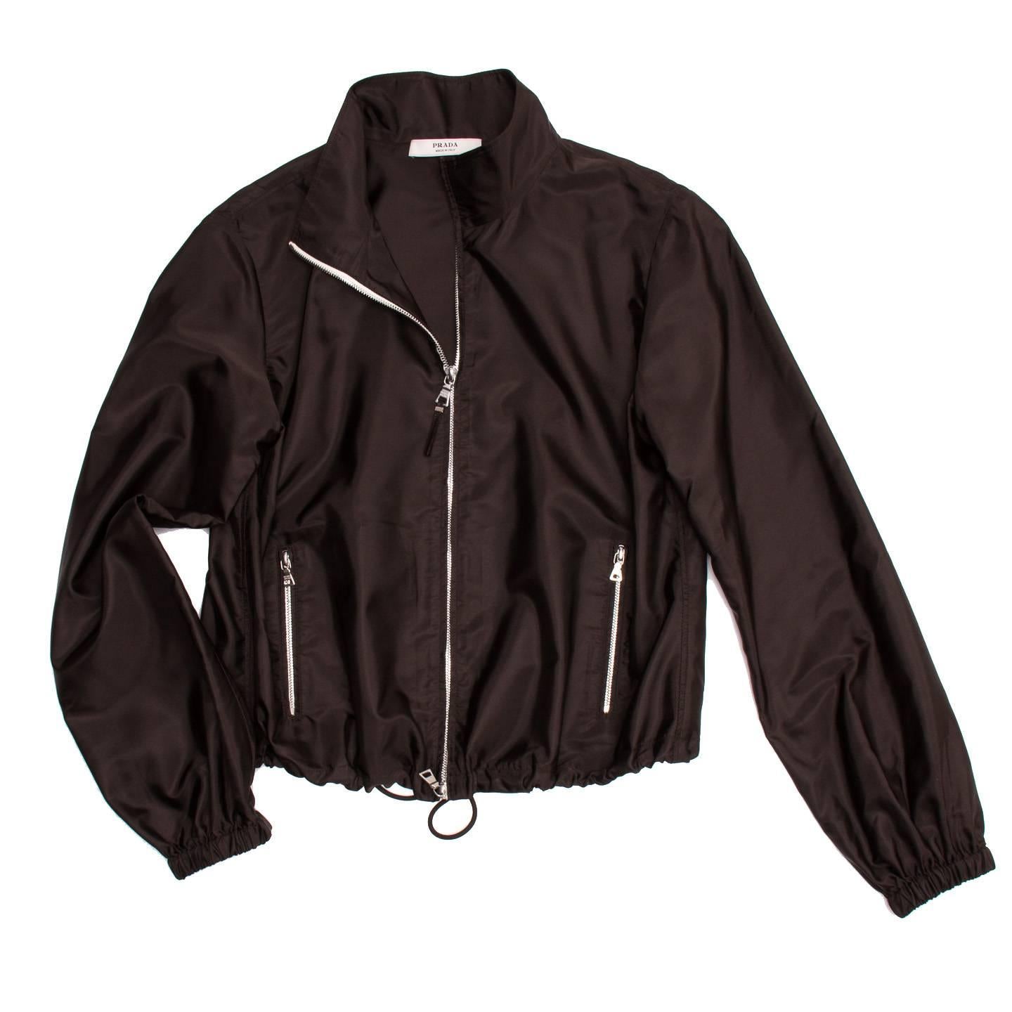 Prada Brown Silk Windbreaker Jacket In New Condition For Sale In Brooklyn, NY