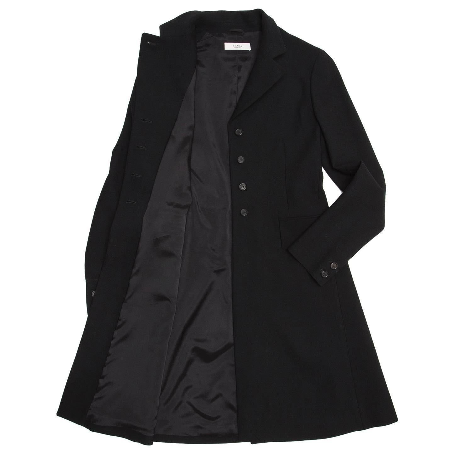 Prada Black Wool Riding Style Coat In Excellent Condition For Sale In Brooklyn, NY