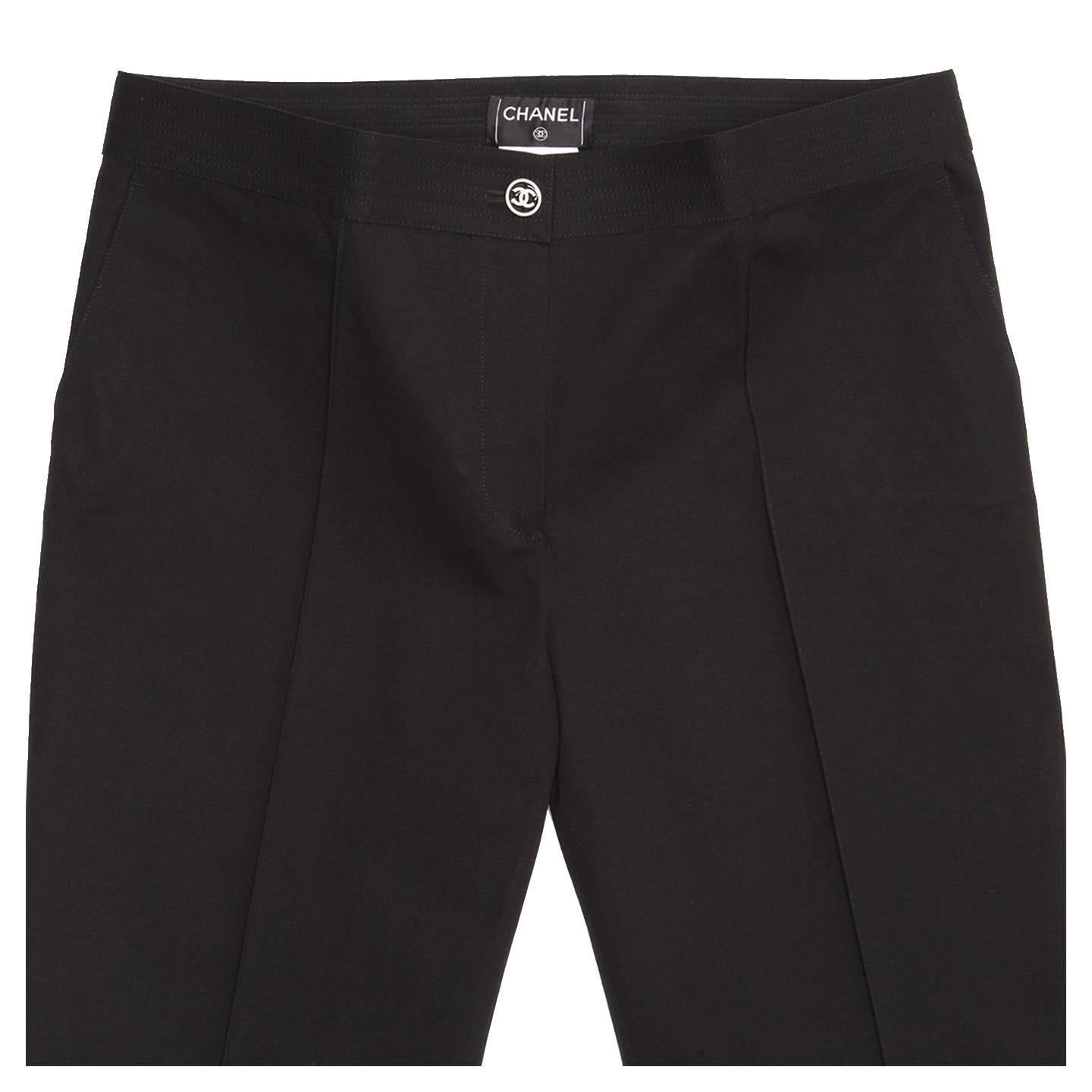 Women's Chanel Black Cotton Cropped Pants with Frayed Hem For Sale