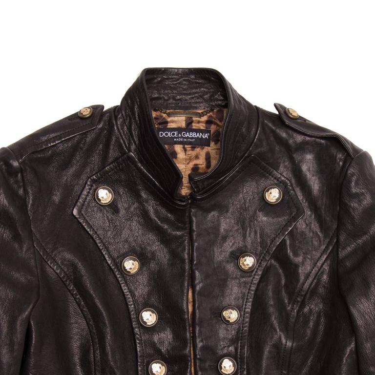 Dolce and Gabbana Black Distressed Leather Military Jacket For Sale at