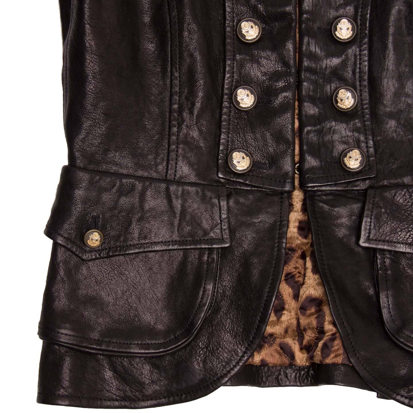 Dolce & Gabbana Black Distressed Leather Military Jacket In Excellent Condition For Sale In Brooklyn, NY