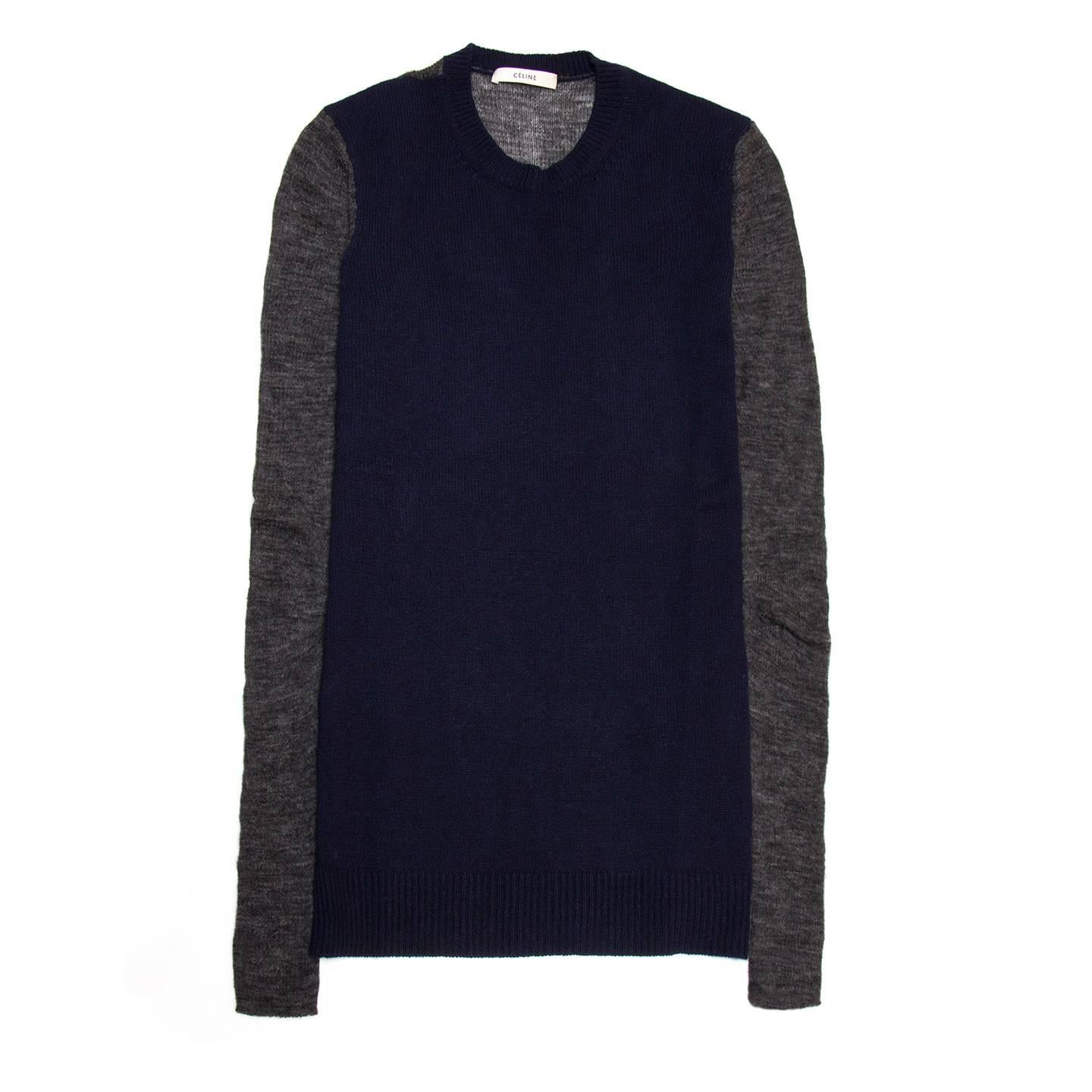 Cashmere & alpaca crew neck pullover with navy blue front, while sleeves and back panel are made of a grey ribbed knit.

Size  L Universal sizing

Condition  Excellent: never worn