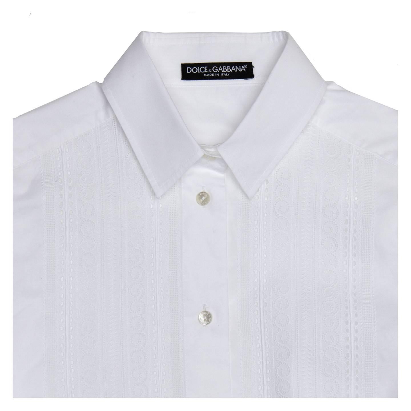 Dolce & Gabbana White Cotton & Lace Shirt In New Condition For Sale In Brooklyn, NY