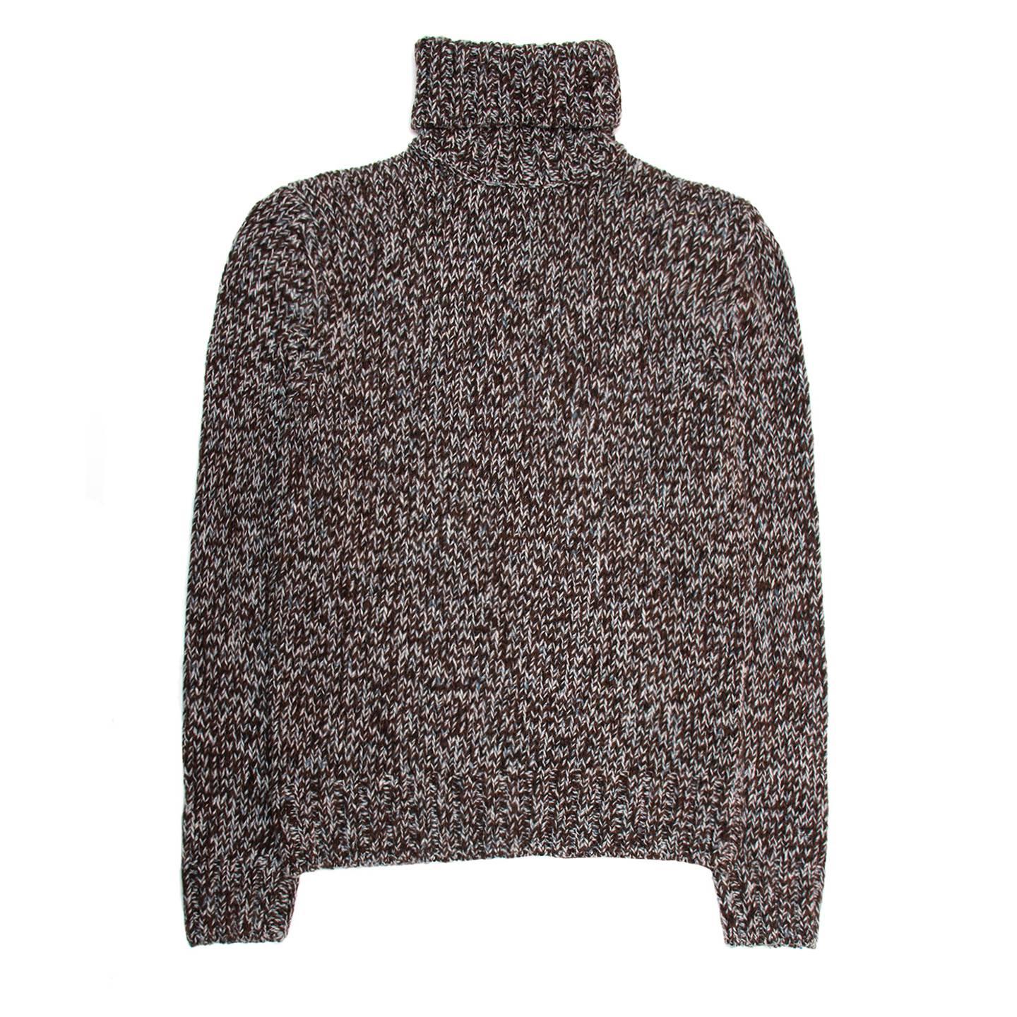 Melange of brown, navy and sky blue turtleneck pullover of broad weaved cashmere, yack and wool yarns. Made in France. Made for man worn by women. Purchased in Amsterdam.

Size  M Universal sizing

Condition  Excellent: worn once