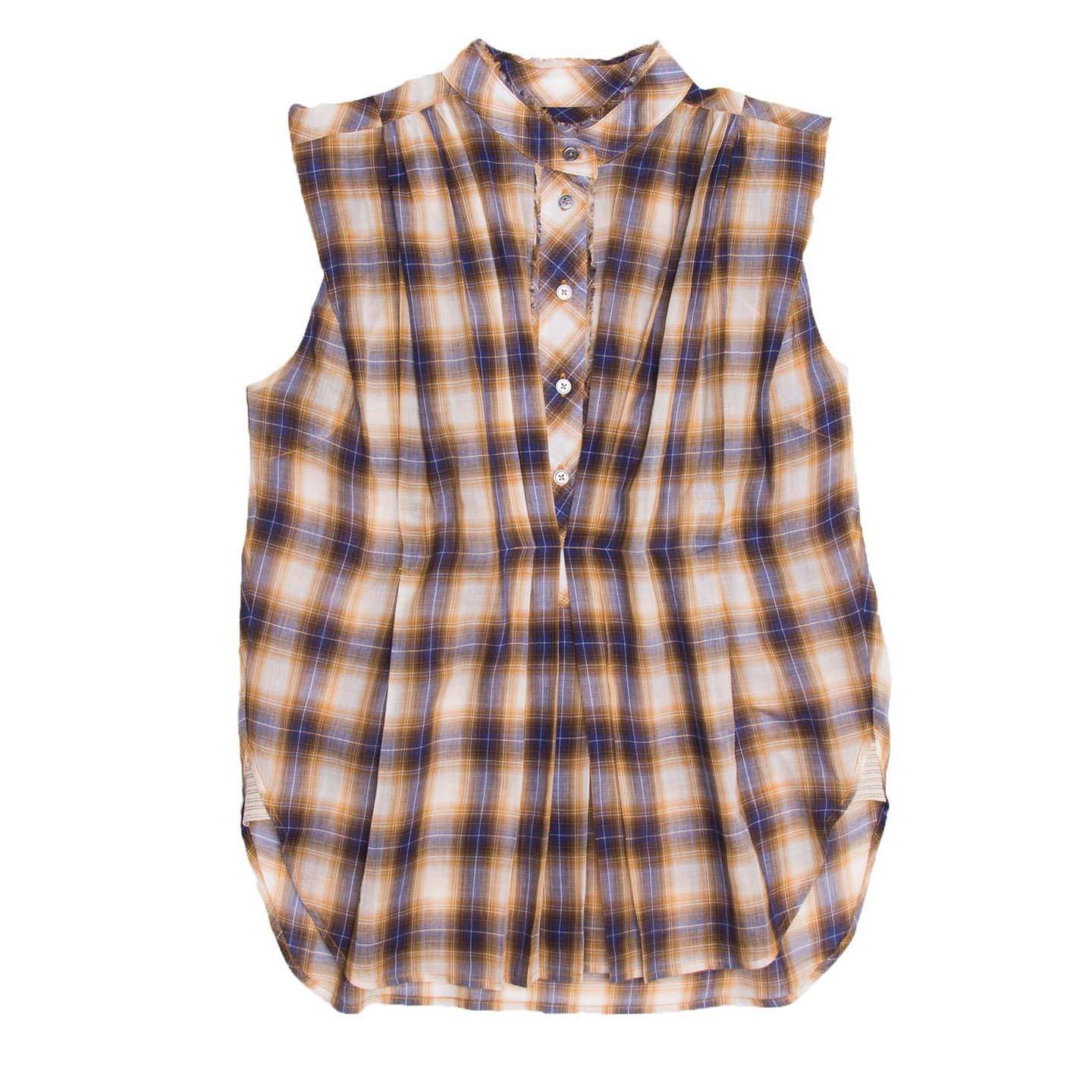 Golden, blue, orange and grey plaid cotton sleeveless shirt with raw edge inserts on Nehru collar and button placket. Round shaped hem with detailed side vents. Light pleats at front and little gathers at back give a soft volume to the