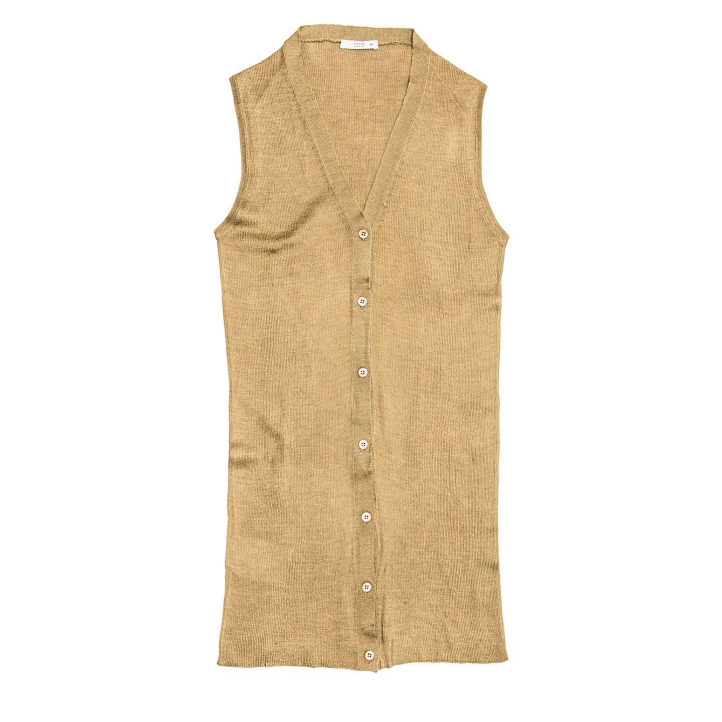 Prada Luminous olive silk finely ribbed sleeveless knit cardigan with V-neck and tone-on-tone buttons. The style is fitted and mid thigh length. Made in Italy.

Size  44 Italian sizing

Condition  Excellent: never worn