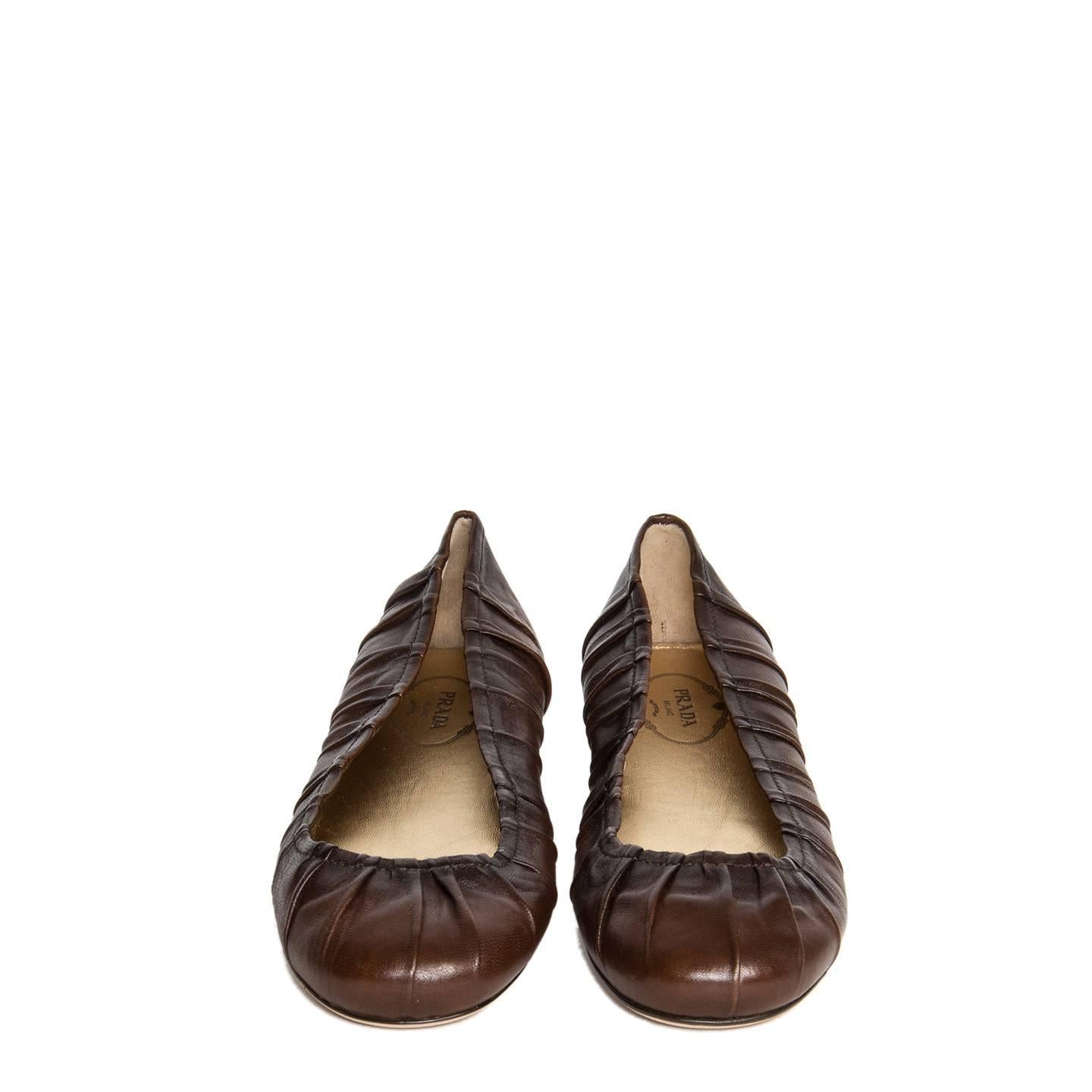 Black Prada Brown Leather Ballet Shoes For Sale