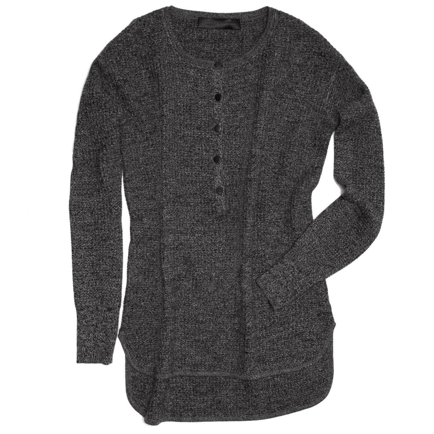 Proenza Schouler black & grey melange henley style Cashmere knit sweater with five button closure. The hem is rounded and has shorter front and longer back.

Size  L Universal sizing

Condition  Excellent: Never Worn