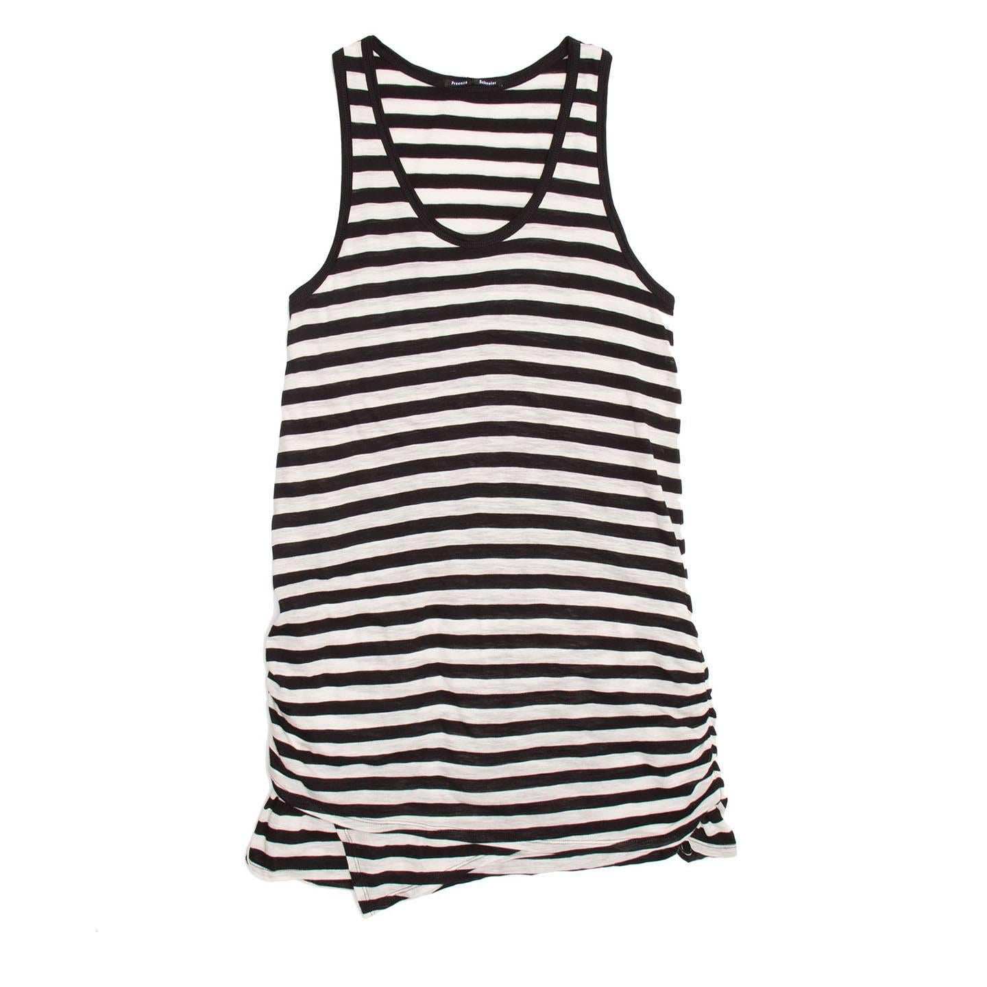 Proenza Schouler black and ivory striped jersey mini tank dress or long top. Shirring at side seam and asymetrical panel detail at hem. New with Tags.

Size  L Universal sizing

Condition  Excellent: new with tags