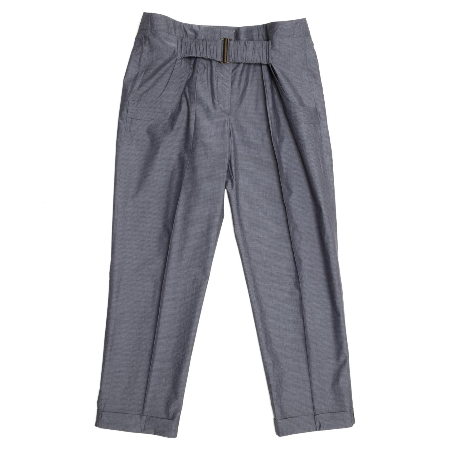 Stella McCartney tapered cotton mini graph check tonal grey trousers. Pintuck detail on front and back legs. Curved pockets with topstitching. Self-fabric elasticized fixed belt at front with metal clasp. Zip fly closure and classic turn-up