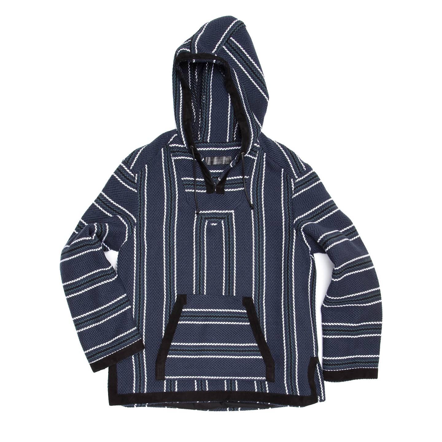 Proenza Schouler navy blue cotton blend boho ethnic style hoodie with petrol blue, black and white stripes. The front has a kangaroo patch pocket. Hem, cuffs, pocket and hood profiles are enriched by a black suede tape; body and sleeves are lined