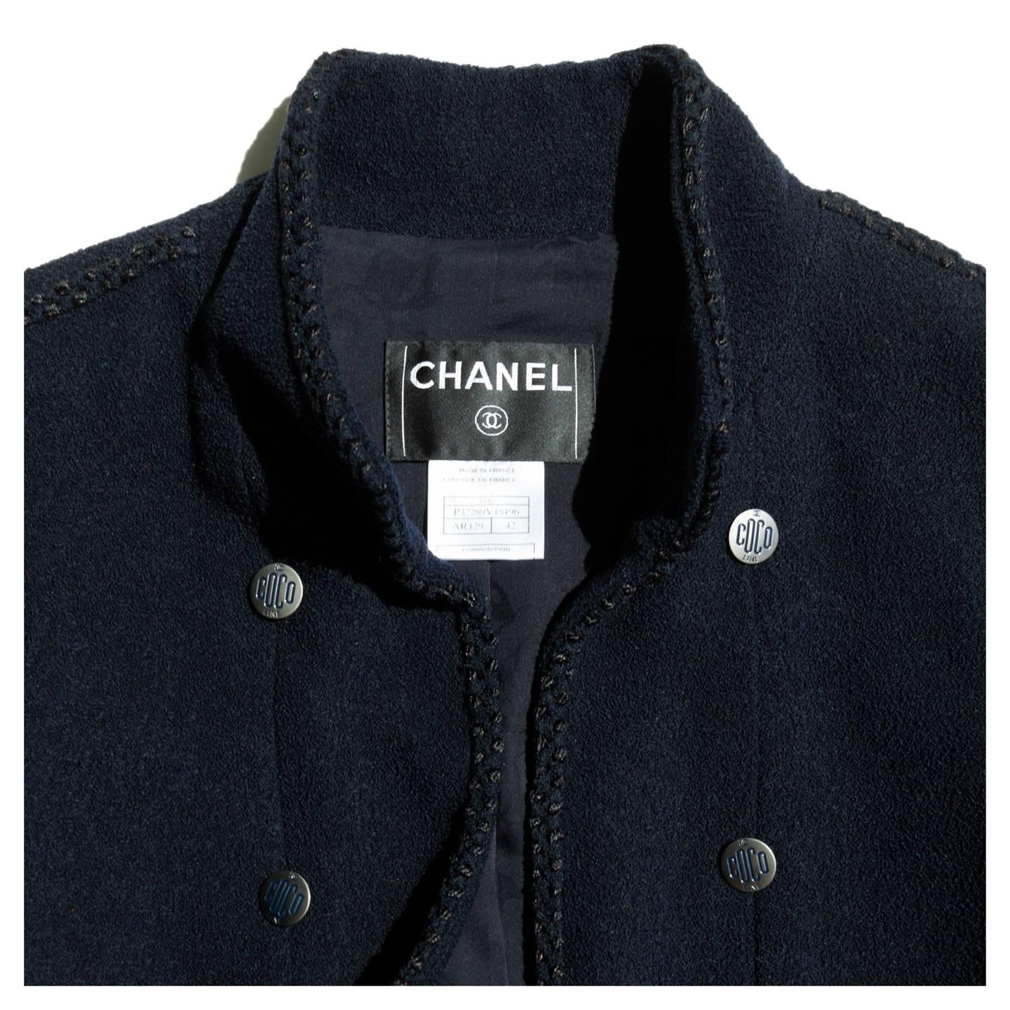 Black Chanel Short Navy Jacket With Ties For Sale
