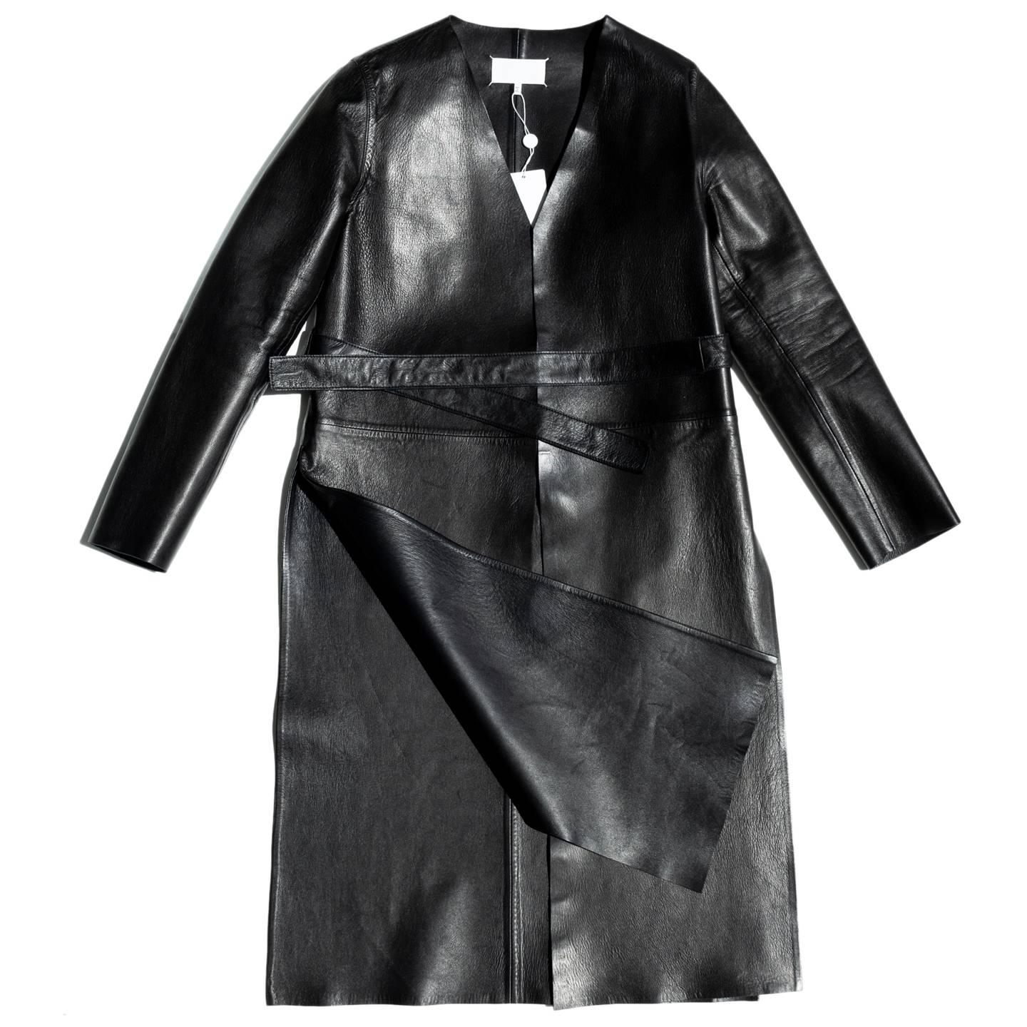 Women's Maison Martin Margiela Black Collarless Lamb Leather Coat For Sale