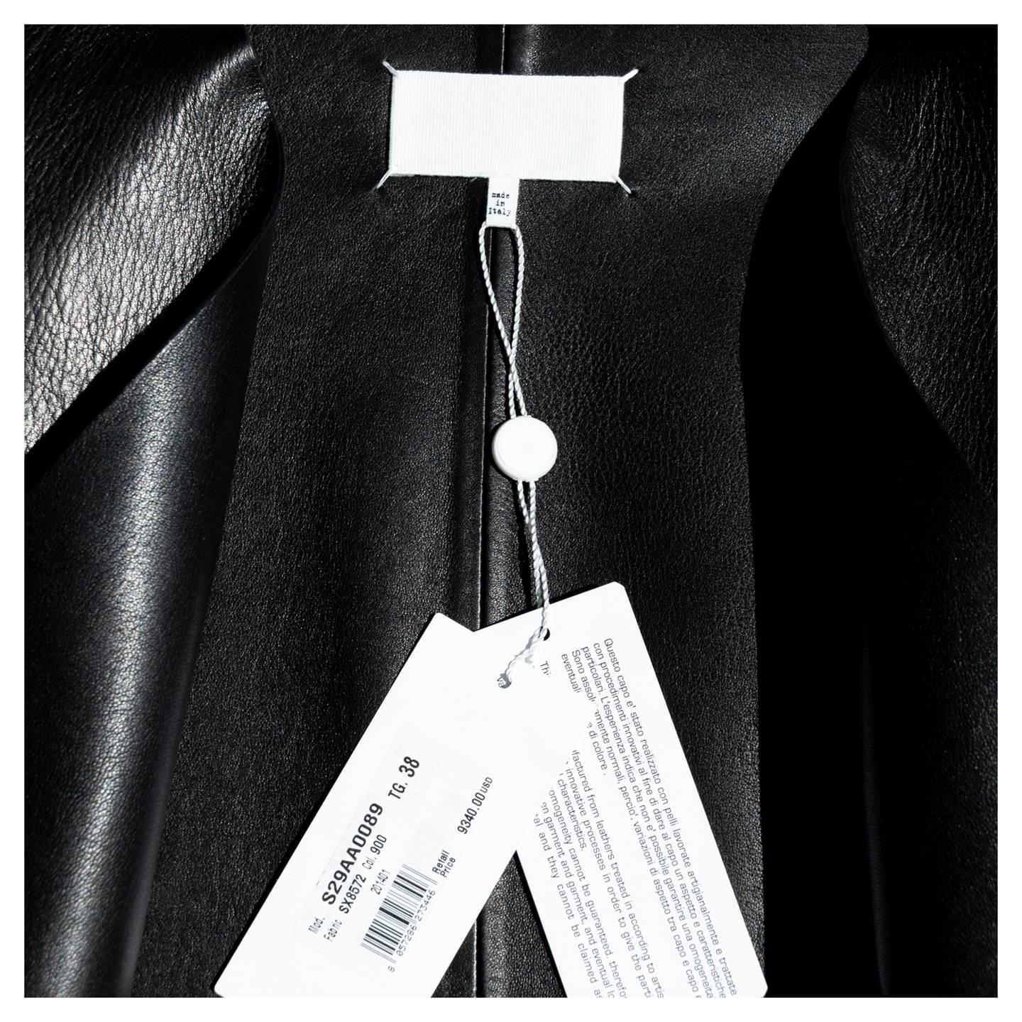 Maison Martin Margiela Black Collarless Lamb Leather Coat For Sale 1