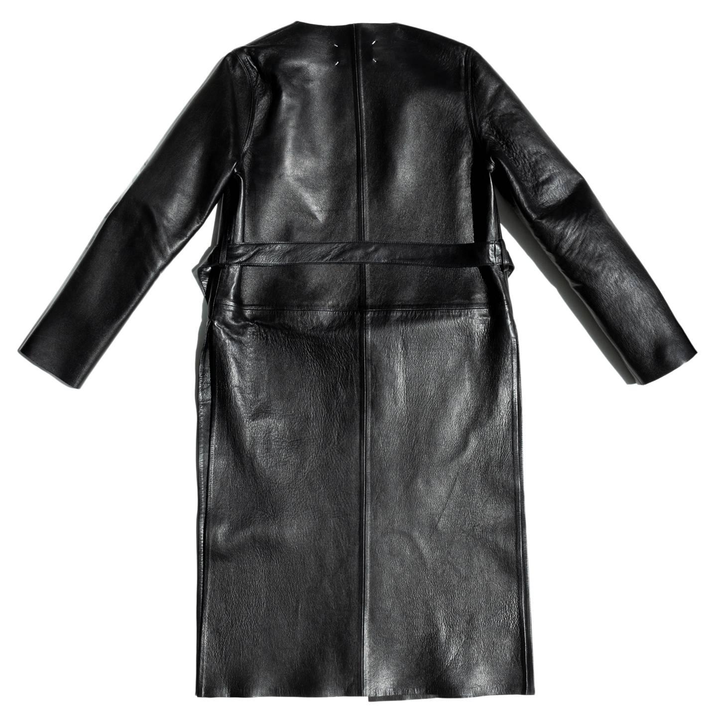 Maison Martin Margiela Black Collarless Lamb Leather Coat For Sale 3