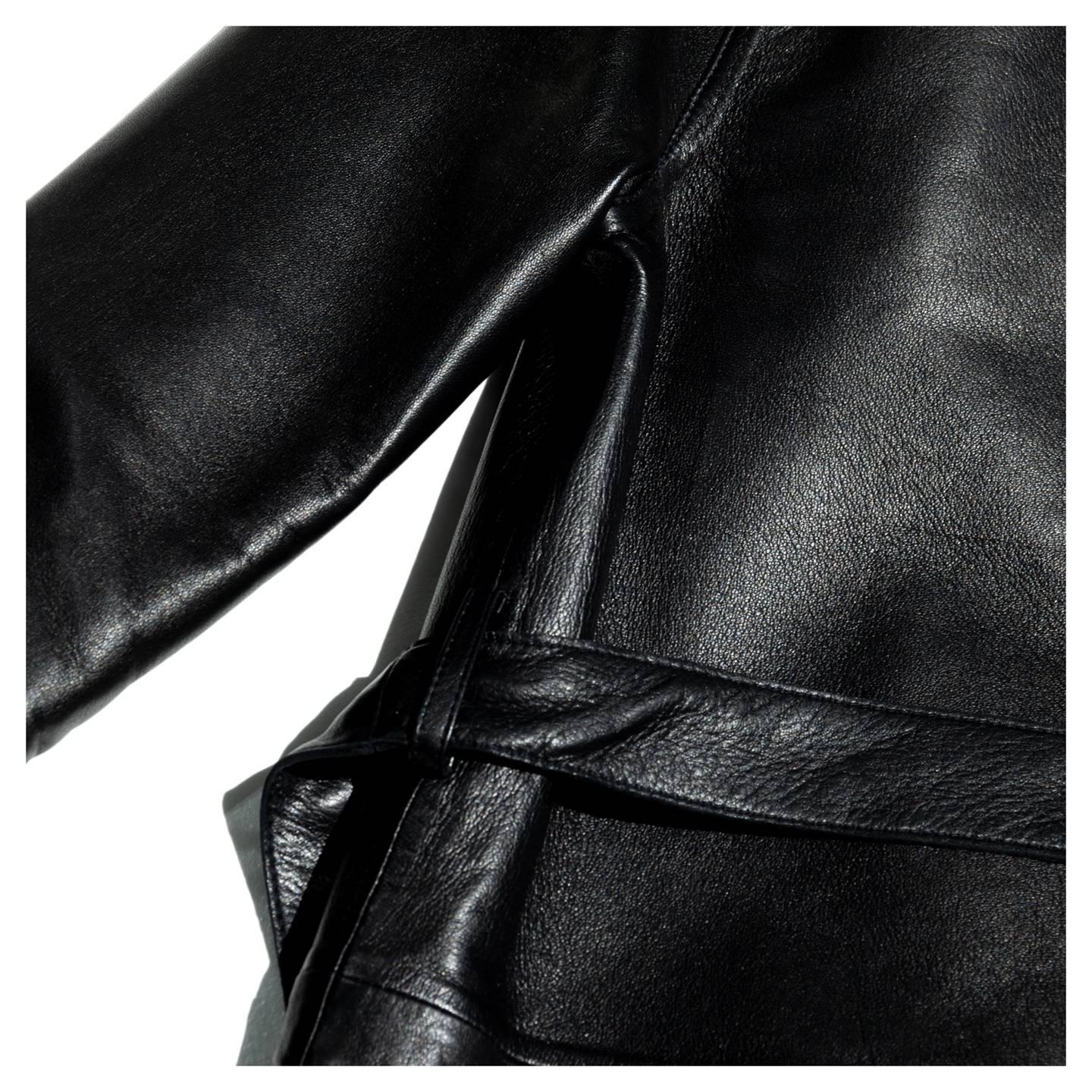 Maison Martin Margiela Black Collarless Lamb Leather Coat For Sale 4