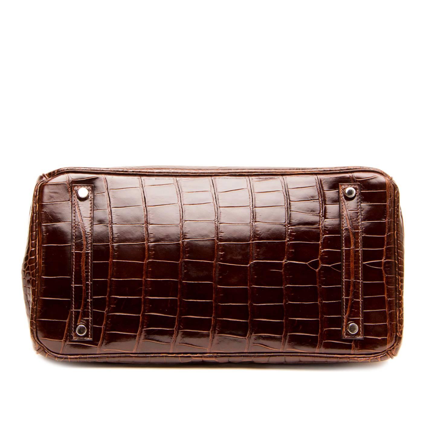 Black Hermès Birkin Chocolate Brown Porosus Crocodile Bag 35cm w/ Palladium Hardware For Sale