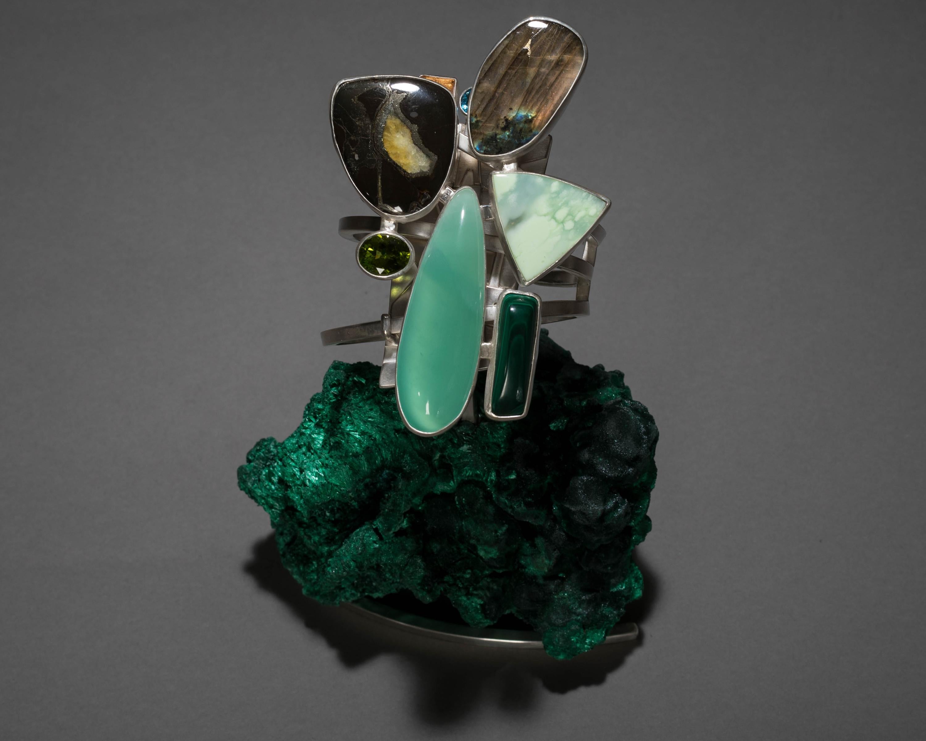 Modern Studio Greytak 'Chrysoprase Bracelet On Malachite' With Ammolite & Labradorite For Sale