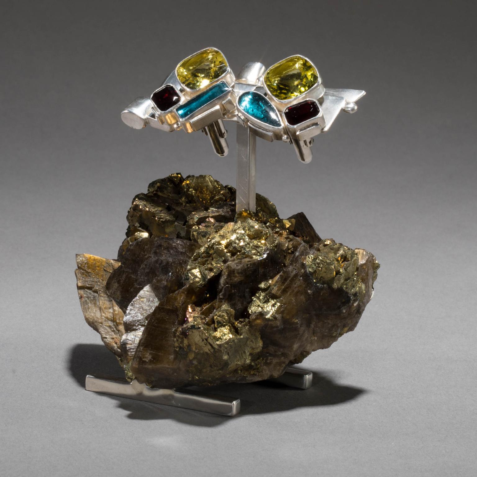 Modern Studio Greytak ' Lemon Quartz Cufflinks On Galena' With Garnet & Tourmaline For Sale