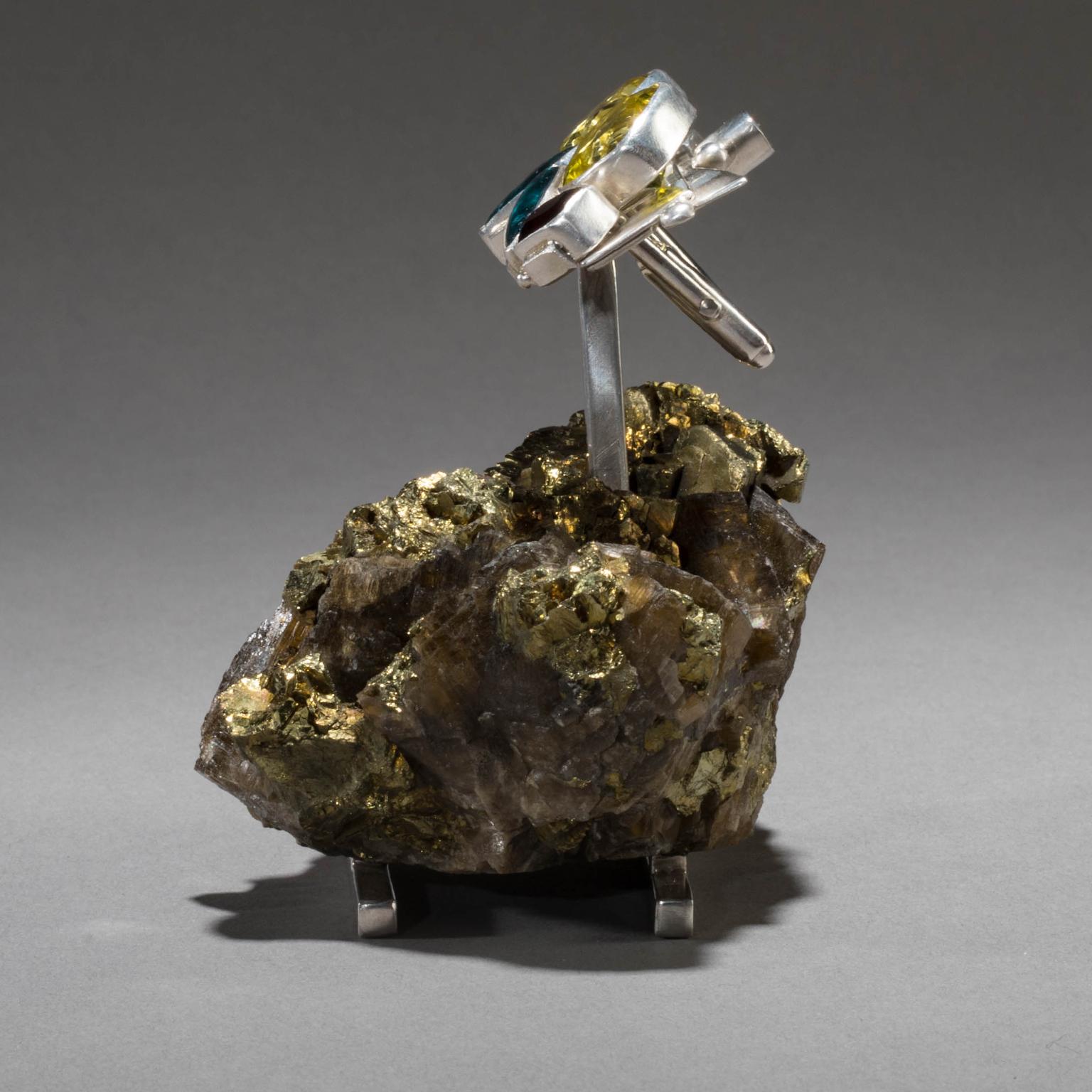 Cabochon Studio Greytak ' Lemon Quartz Cufflinks On Galena' With Garnet & Tourmaline For Sale
