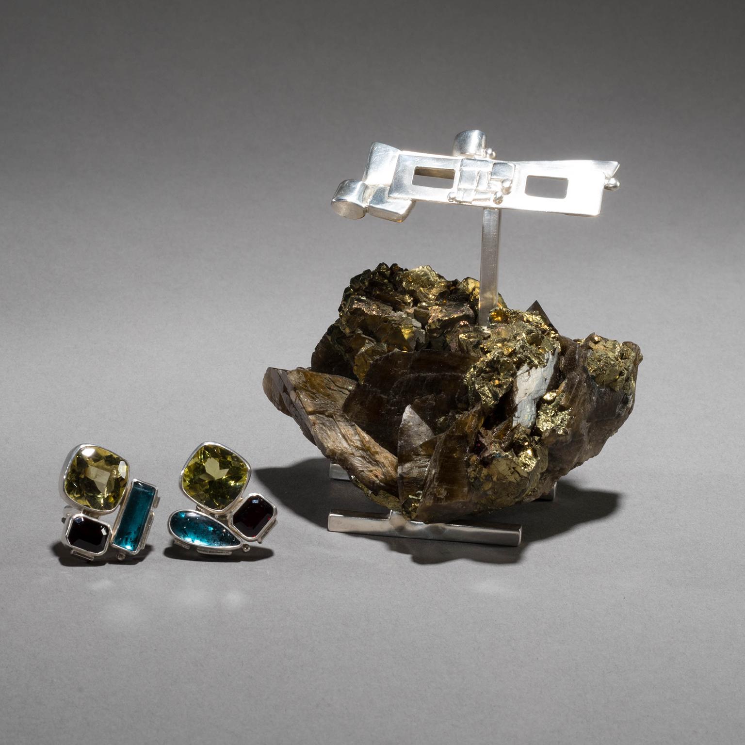 Studio Greytak Boutons de manchette « Lemon Quartz On Galena » en grenat et tourmaline en vente 4