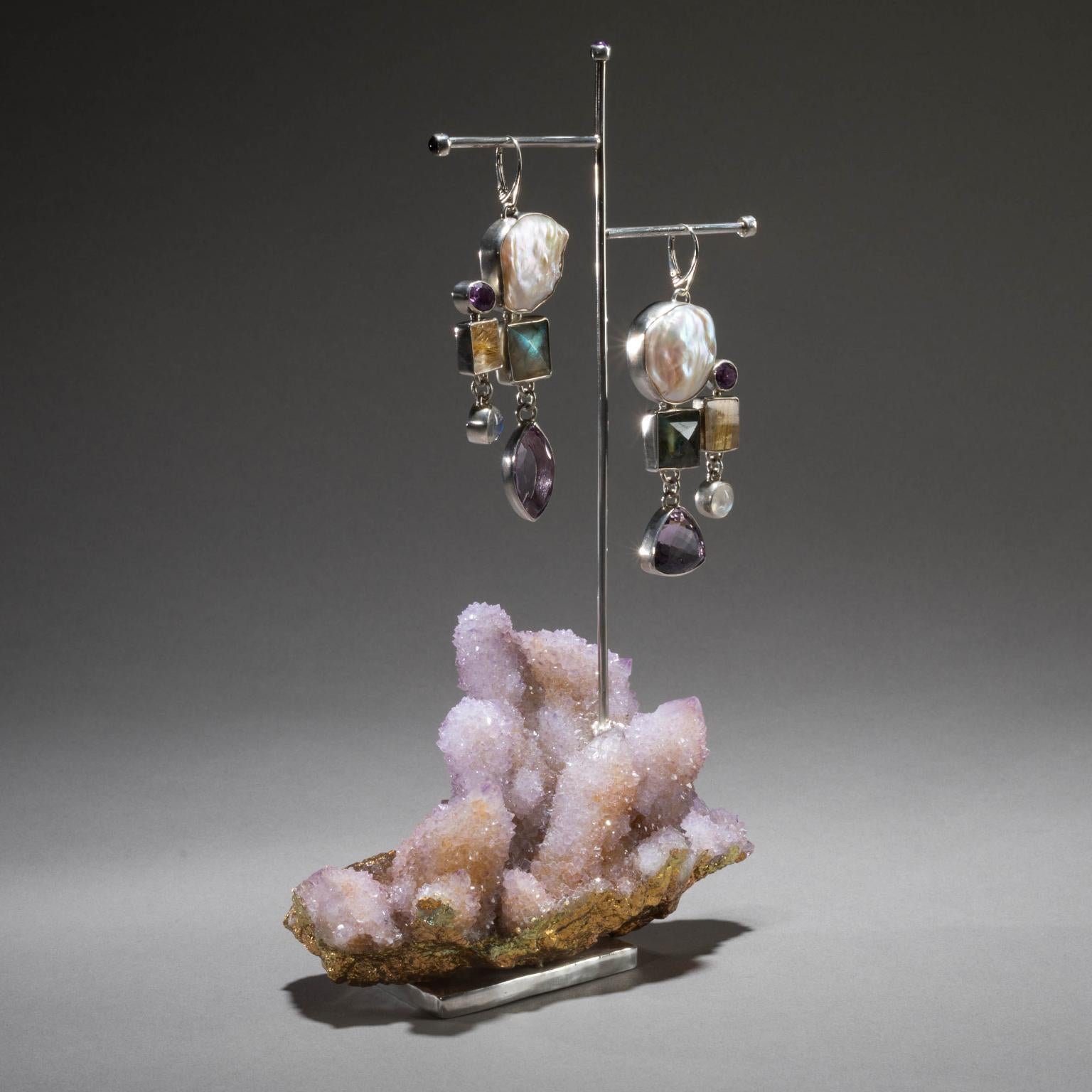 Modern Studio Greytak 'Pearl Earrings On Cactus Amethyst' With Labradorite & Moonstone For Sale