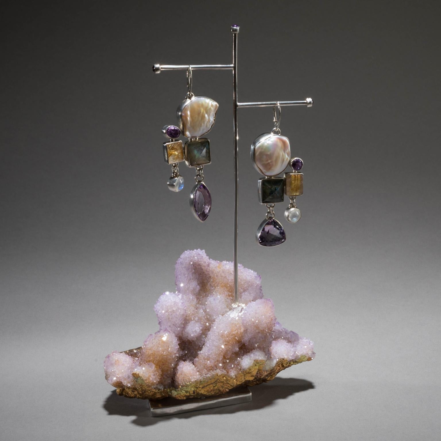 Studio Greytak 'Pearl Earrings On Cactus Amethyst' With Labradorite & Moonstone For Sale 1