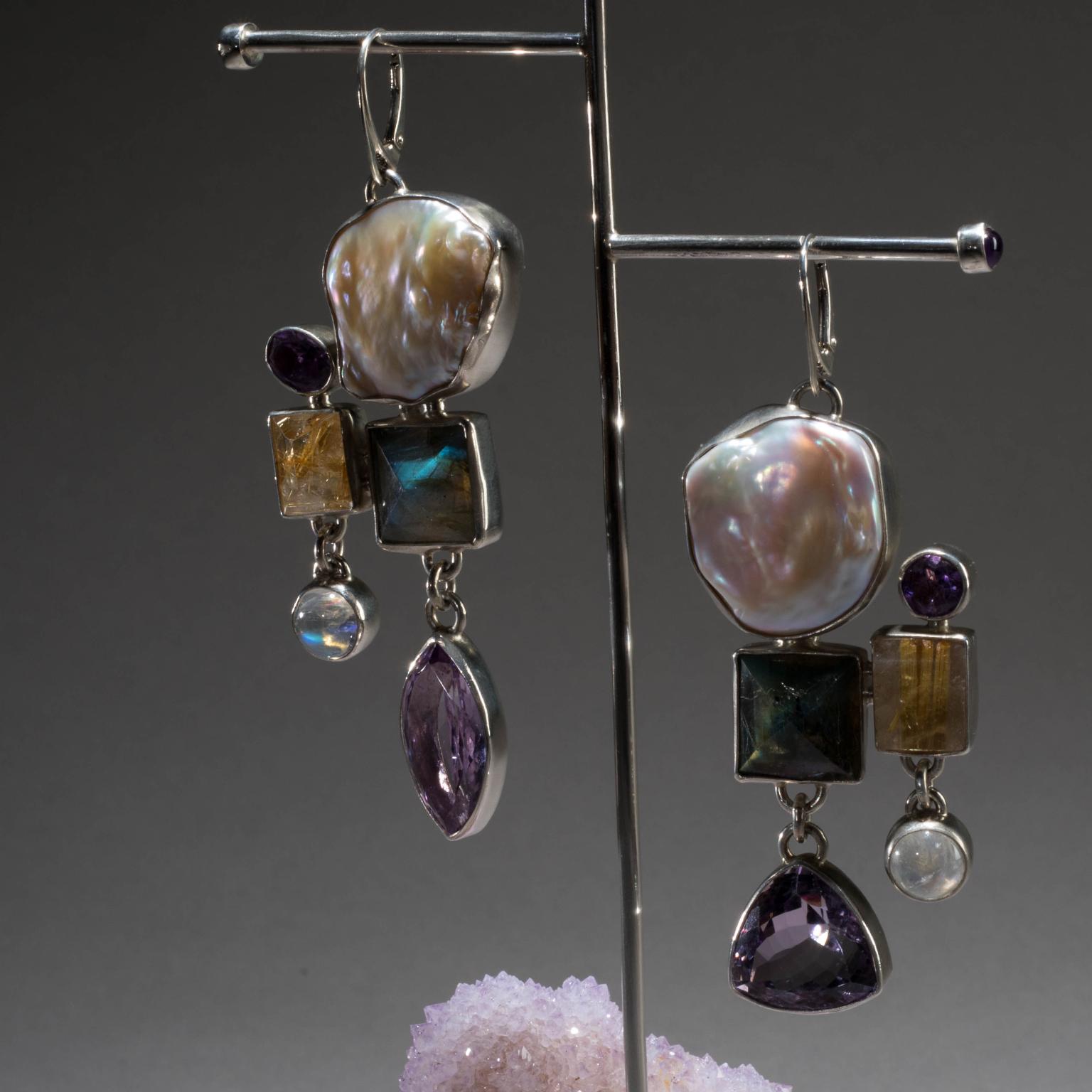 Studio Greytak 'Pearl Earrings On Cactus Amethyst' With Labradorite & Moonstone For Sale 2