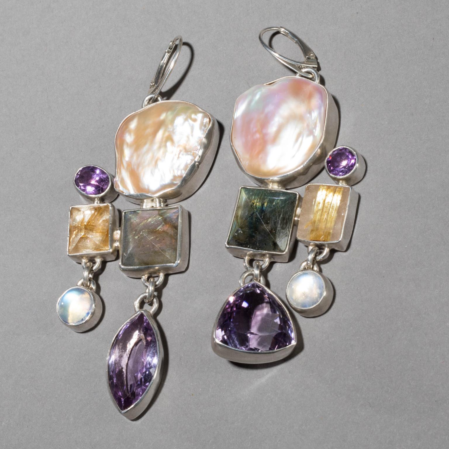 Studio Greytak 'Pearl Earrings On Cactus Amethyst' With Labradorite & Moonstone For Sale 5
