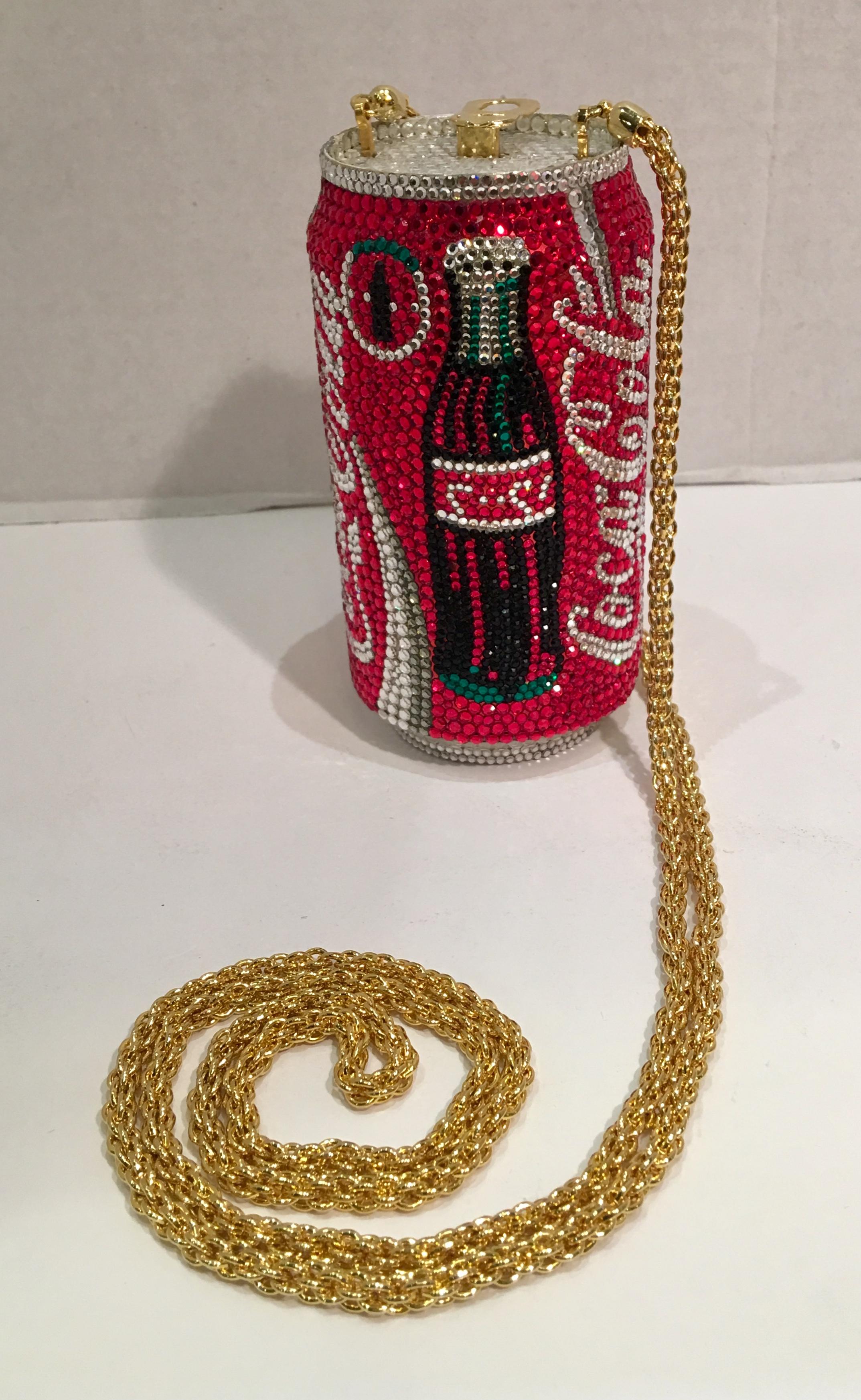 A limited-edition, signed and numbered, Swarovski crystal encrusted, gold-plated metal Coca-Cola can minaudière evening bag purse by Kathrine Baumann, who is the celebrated handbag maker to the stars. This limited edition, estate evening bag is