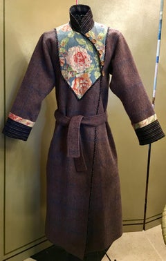 Kenzo JAP Women’s Long Coat Plaid with Floral Details ans Stripes Vintage 1970s