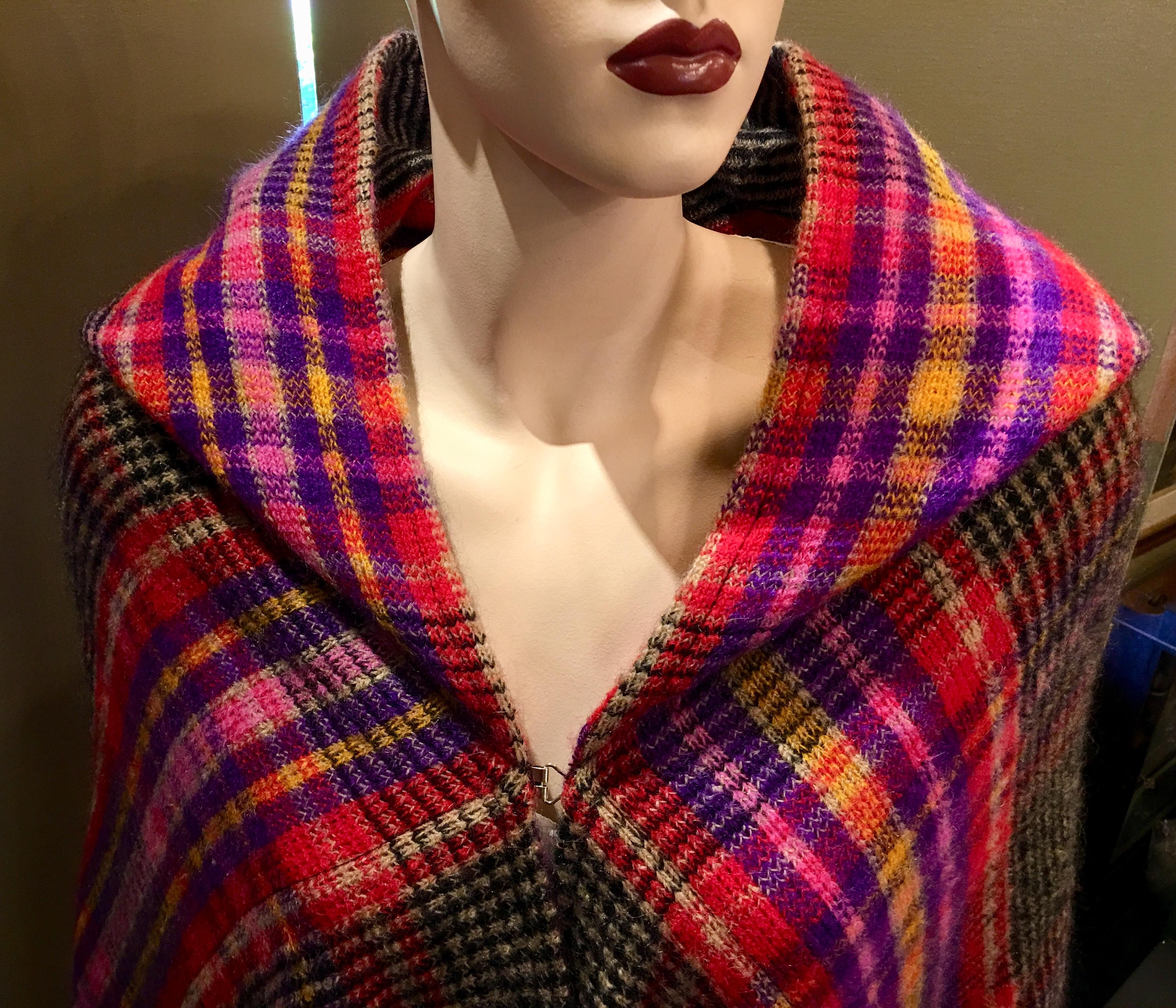 Black Couture Missoni Plaid Knitted Hooded Wool Cape Cloak with Orange Label For Sale