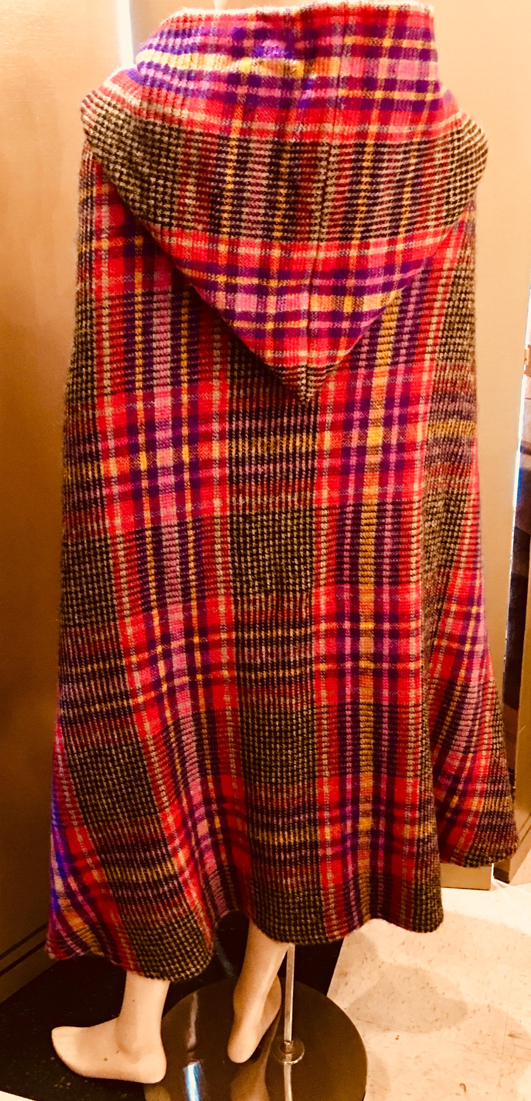 Women's Couture Missoni Plaid Knitted Hooded Wool Cape Cloak with Orange Label