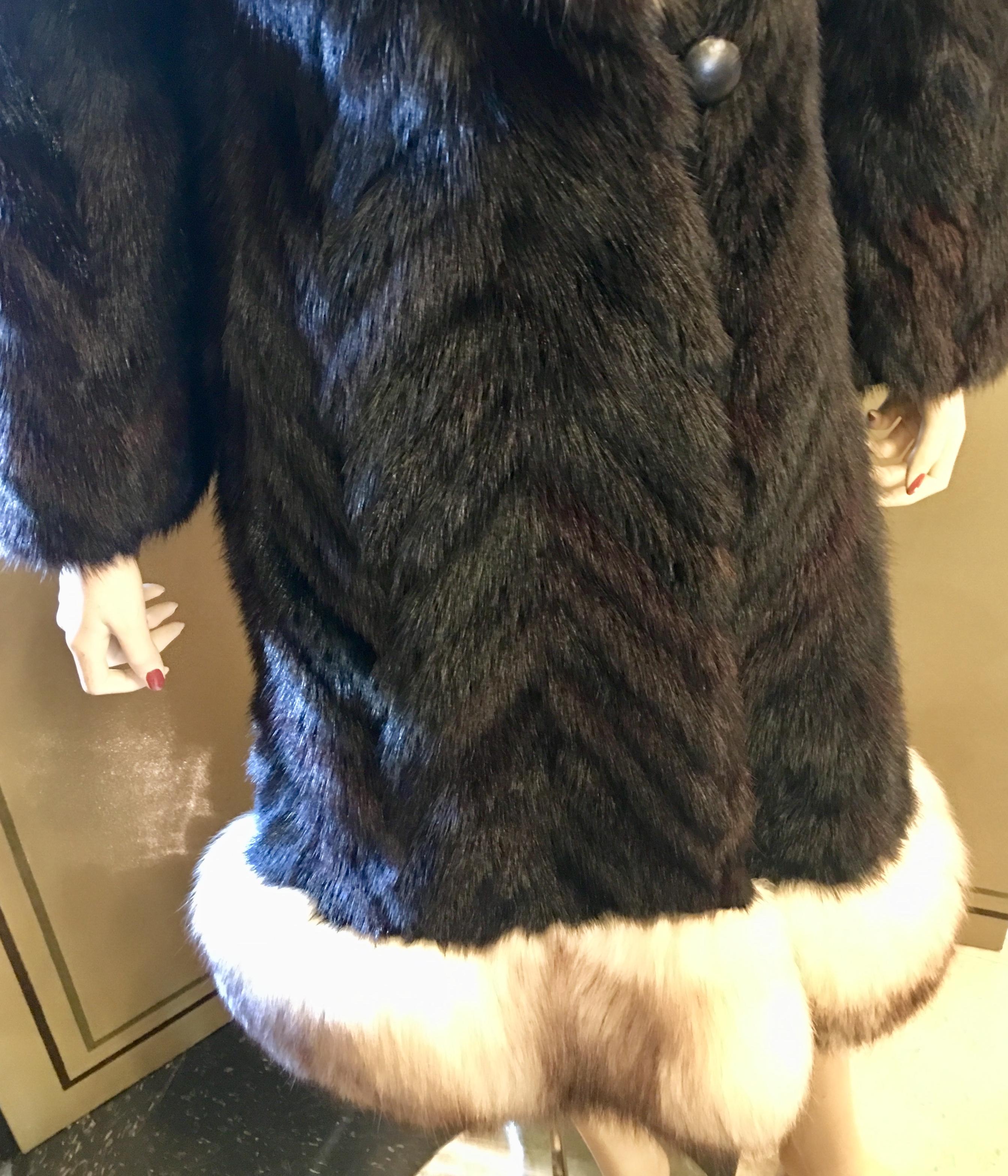 Oleg Cassini Black Herringbone Mink Coat with Silver Fox Fur Collar and Trim 7