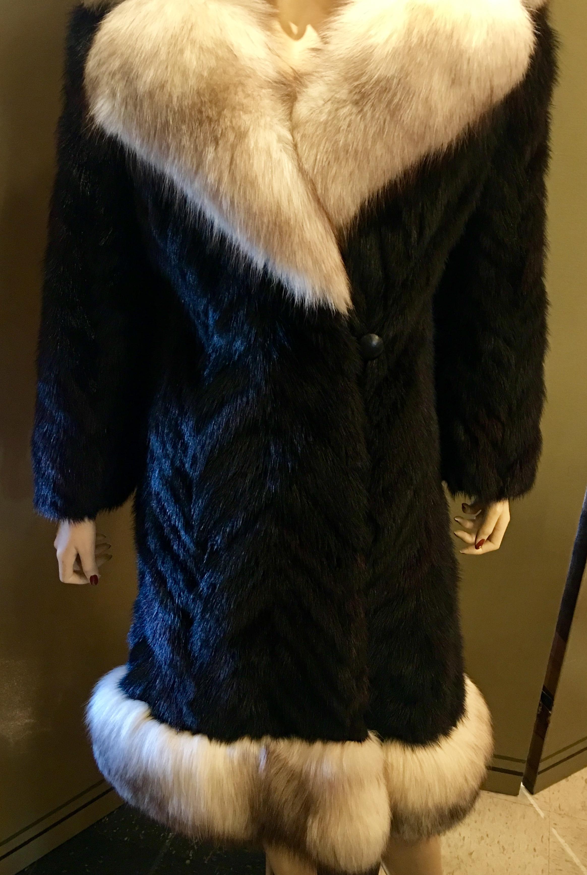 Oleg Cassini Black Herringbone Mink Coat with Silver Fox Fur Collar and Trim In Excellent Condition In Tustin, CA