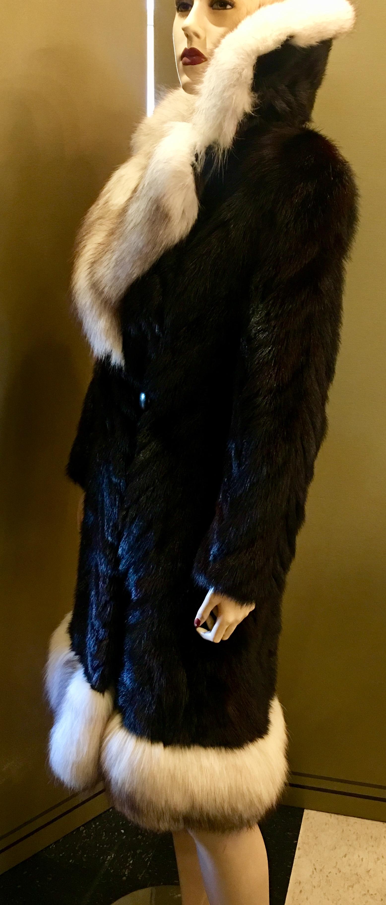 Women's Oleg Cassini Black Herringbone Mink Coat with Silver Fox Fur Collar and Trim