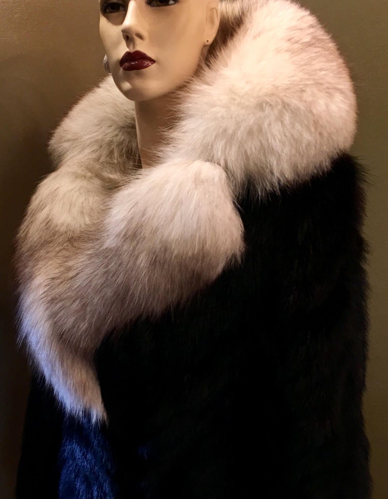 Oleg Cassini Black Herringbone Mink Coat with Silver Fox Fur Collar and