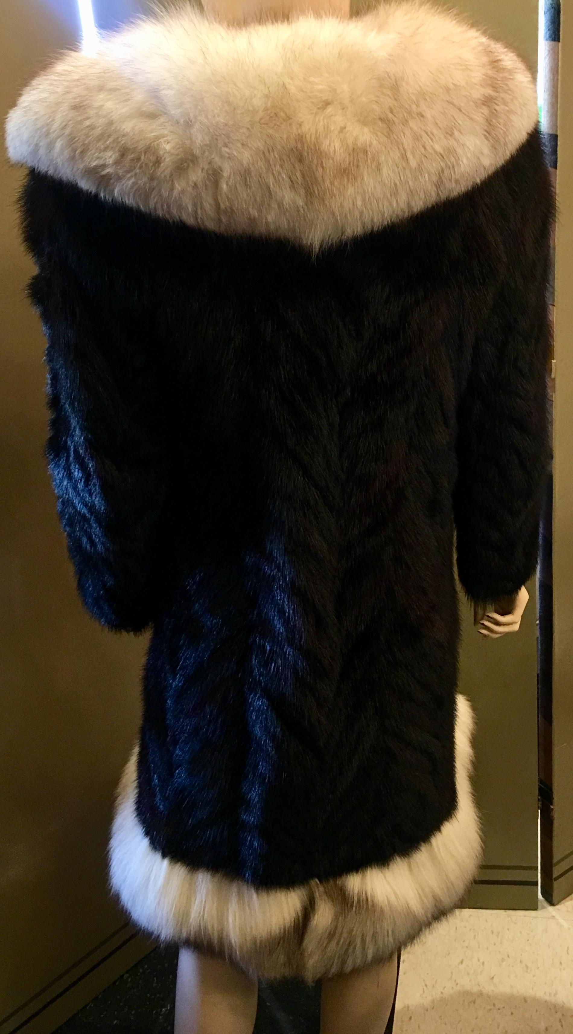 Oleg Cassini Black Herringbone Mink Coat with Silver Fox Fur Collar and Trim 1