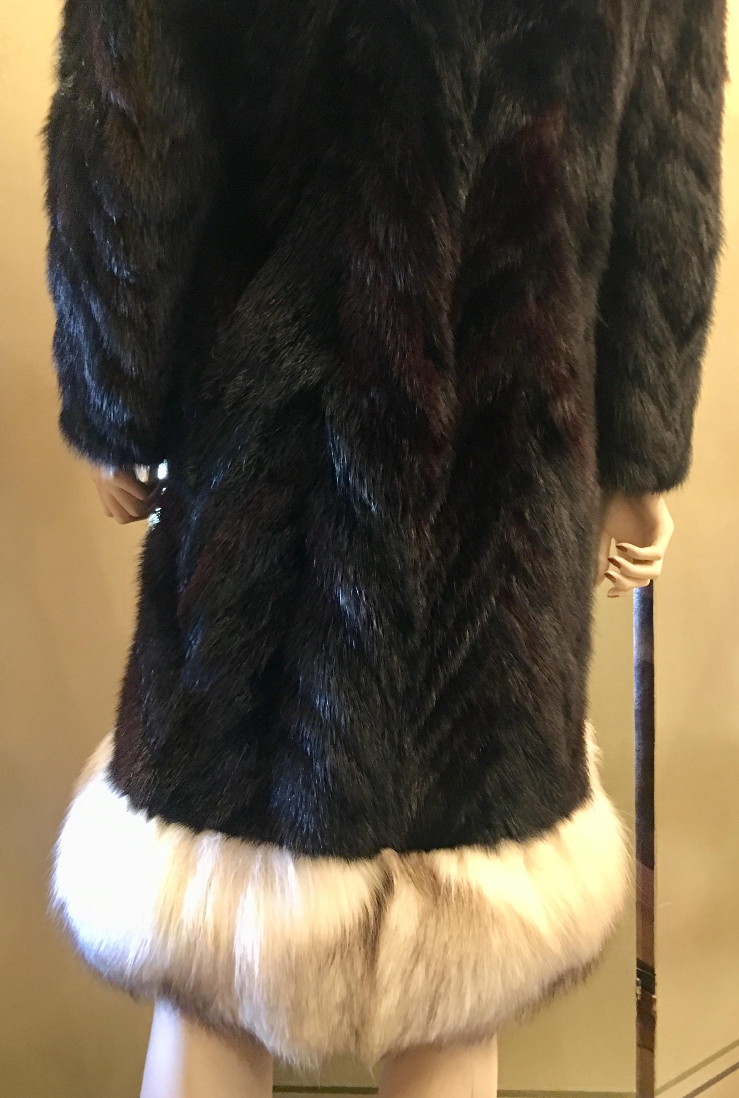 Oleg Cassini Black Herringbone Mink Coat with Silver Fox Fur Collar and Trim 9