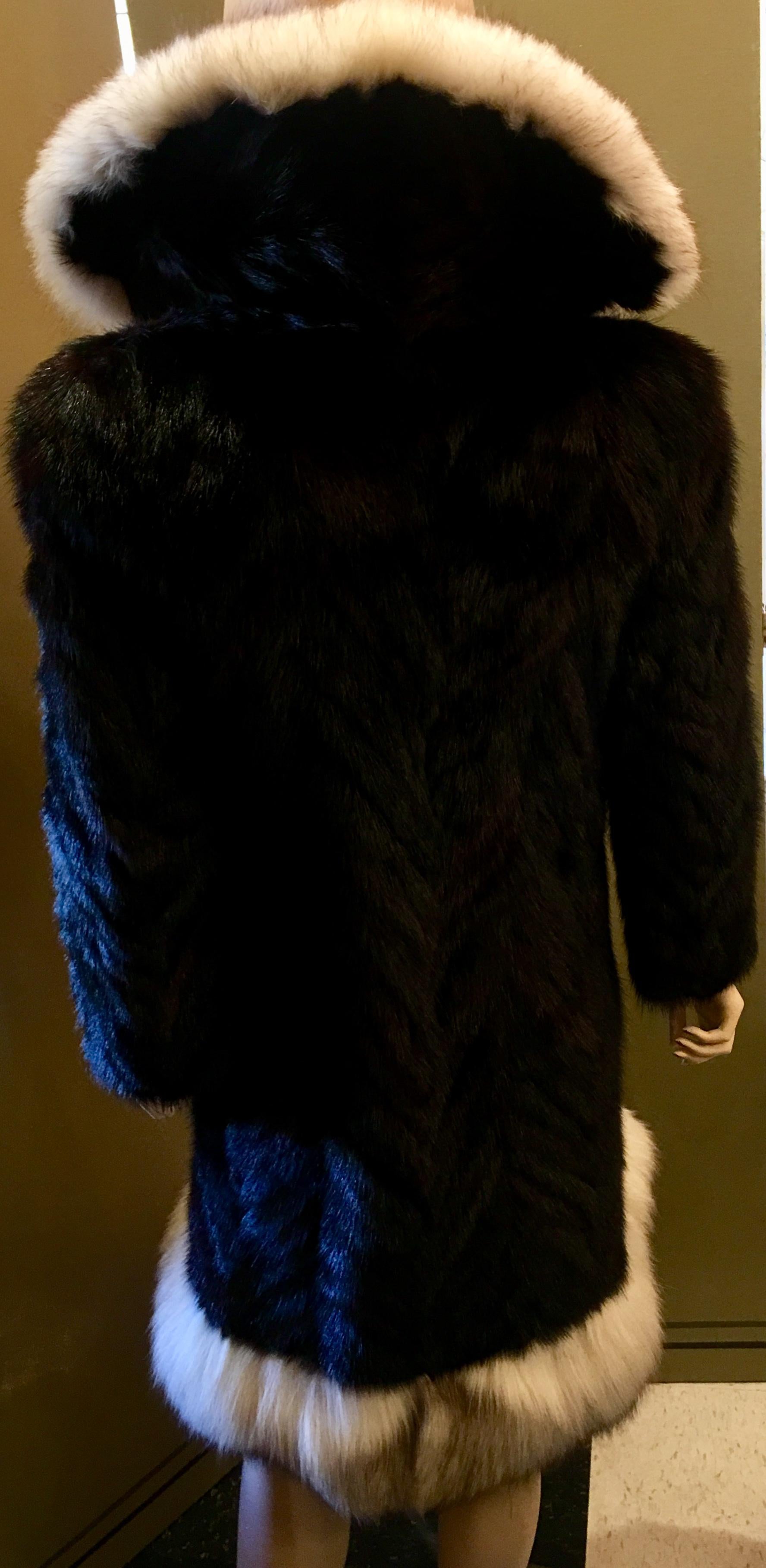 Oleg Cassini Black Herringbone Mink Coat with Silver Fox Fur Collar and Trim 10