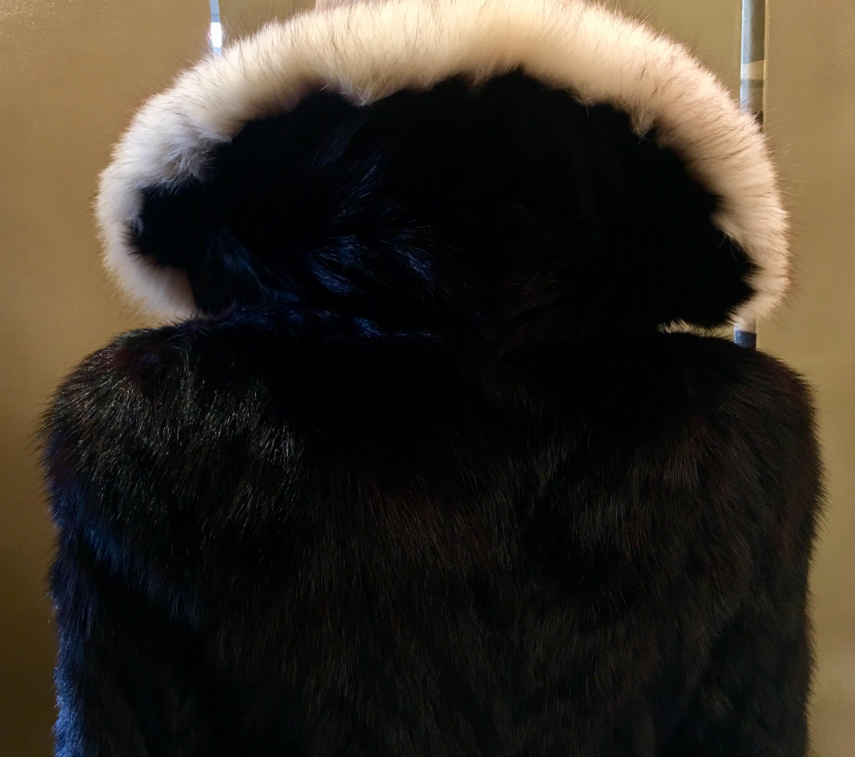 Oleg Cassini Black Herringbone Mink Coat with Silver Fox Fur Collar and Trim 6