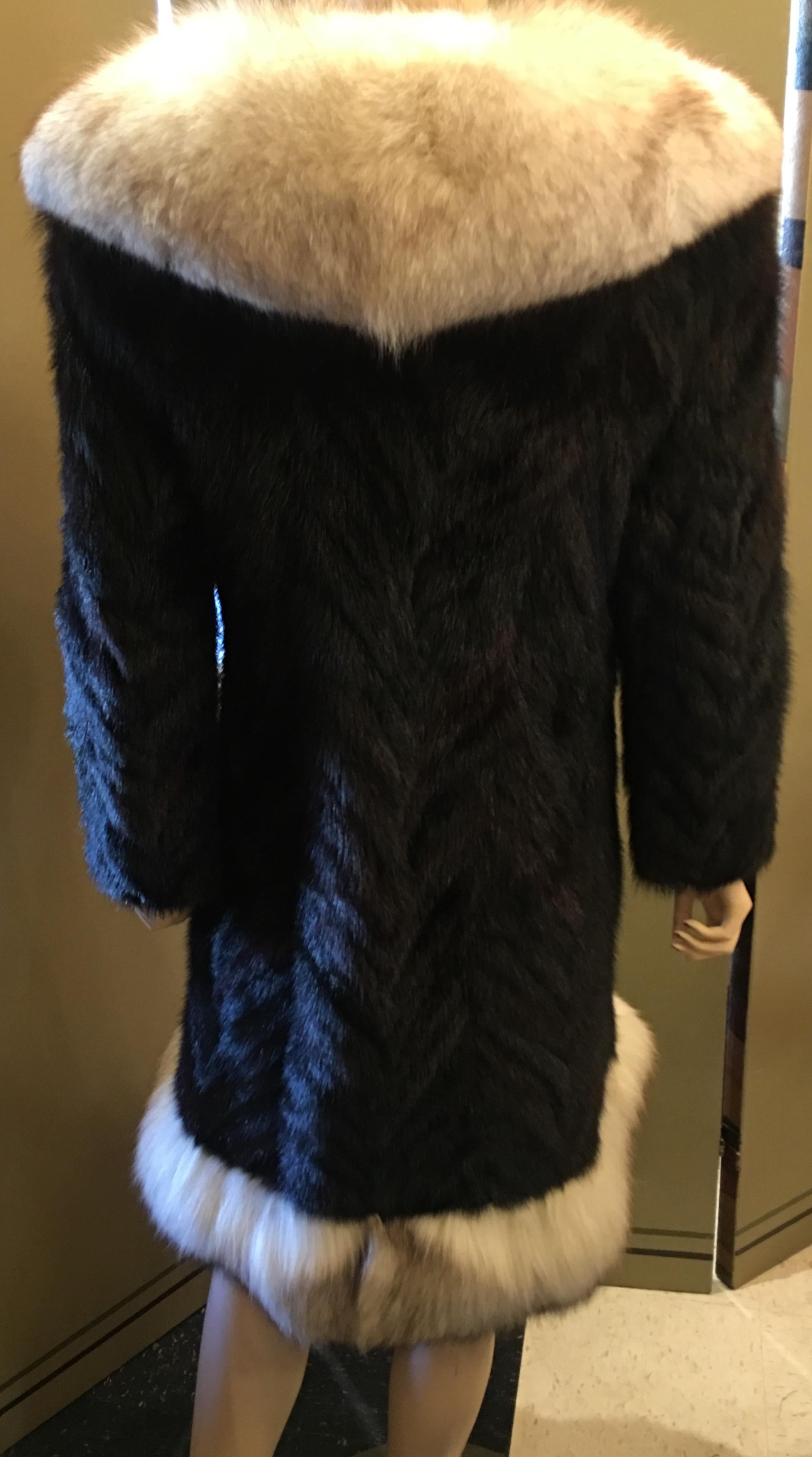 Oleg Cassini Black Herringbone Mink Coat with Silver Fox Fur Collar and Trim 11