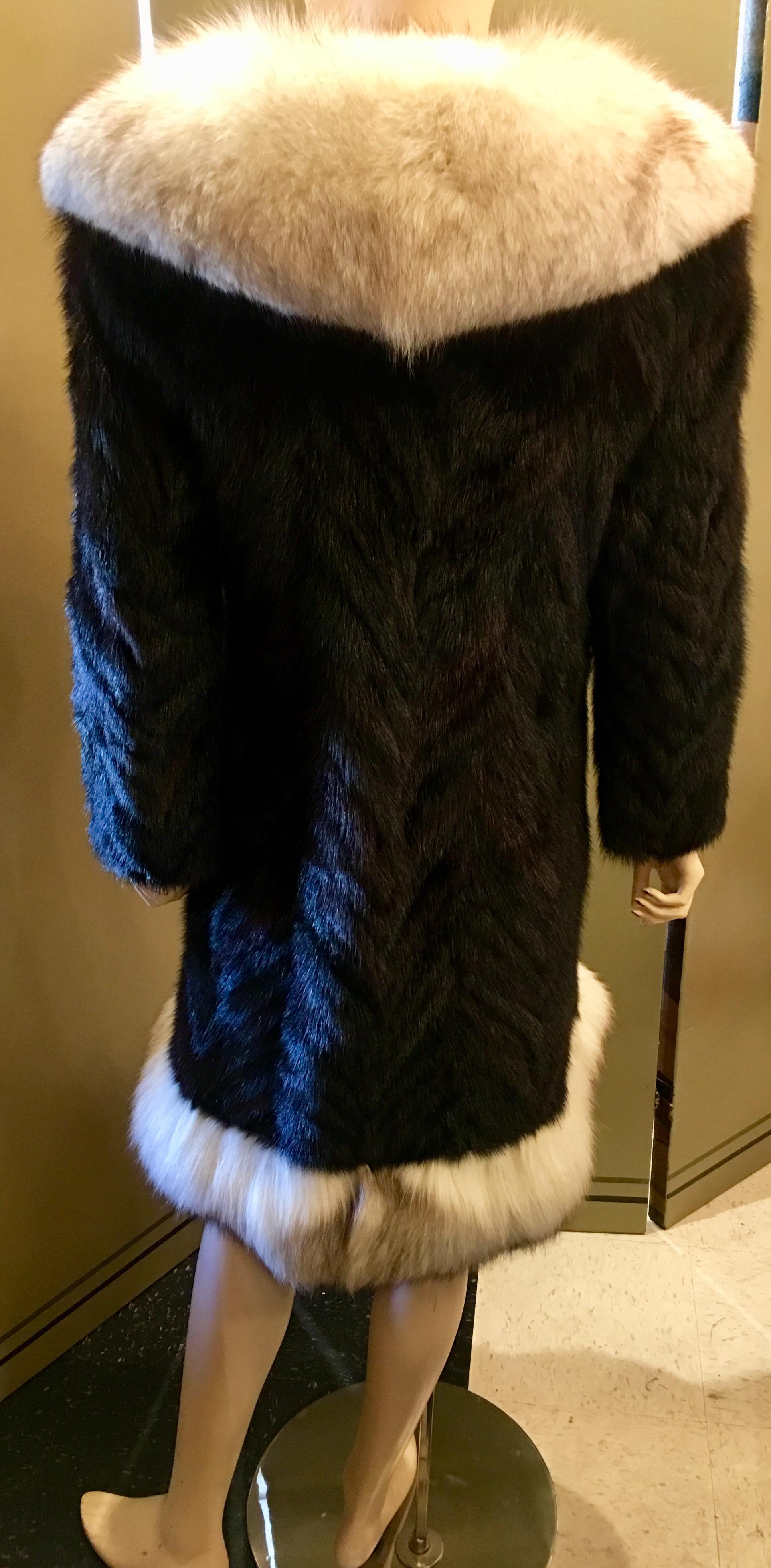 Oleg Cassini Black Herringbone Mink Coat with Silver Fox Fur Collar and Trim 2