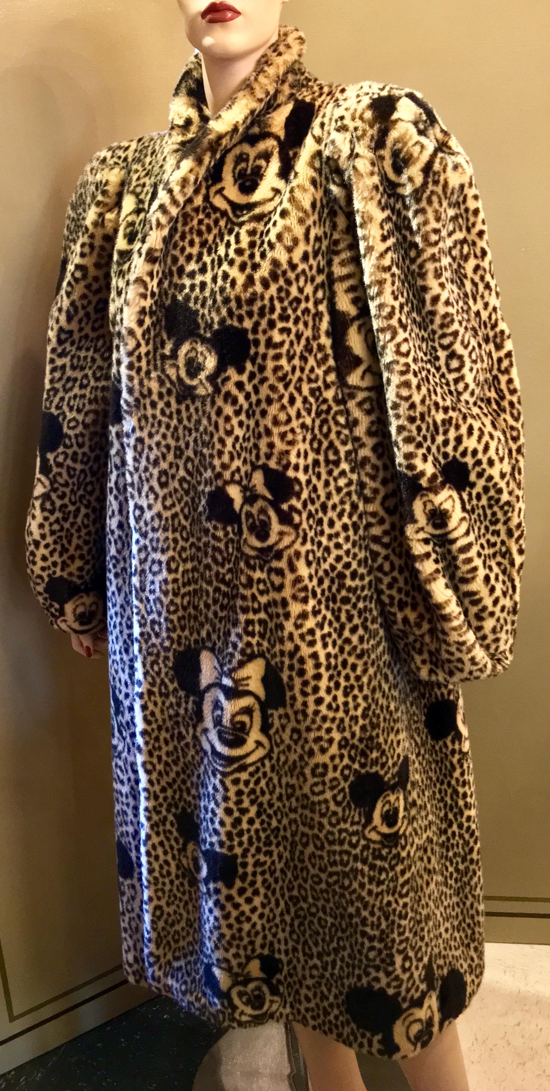 Brown Year of the Rat Disney Mickey and Minnie Mouse Full Length Leopard Faux Fur Coat