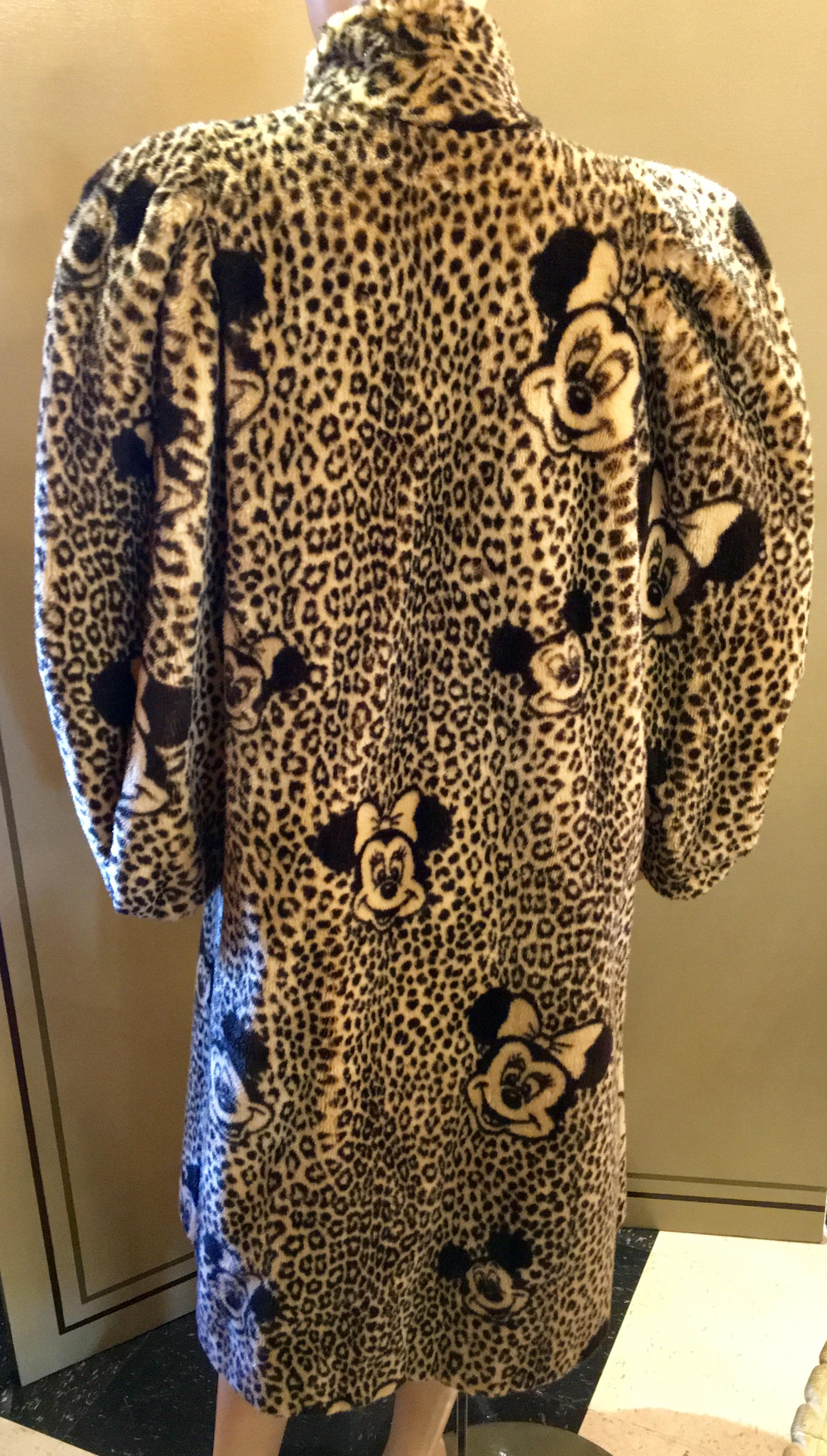 Year of the Rat Disney Mickey and Minnie Mouse Full Length Leopard Faux Fur Coat In Excellent Condition In Tustin, CA