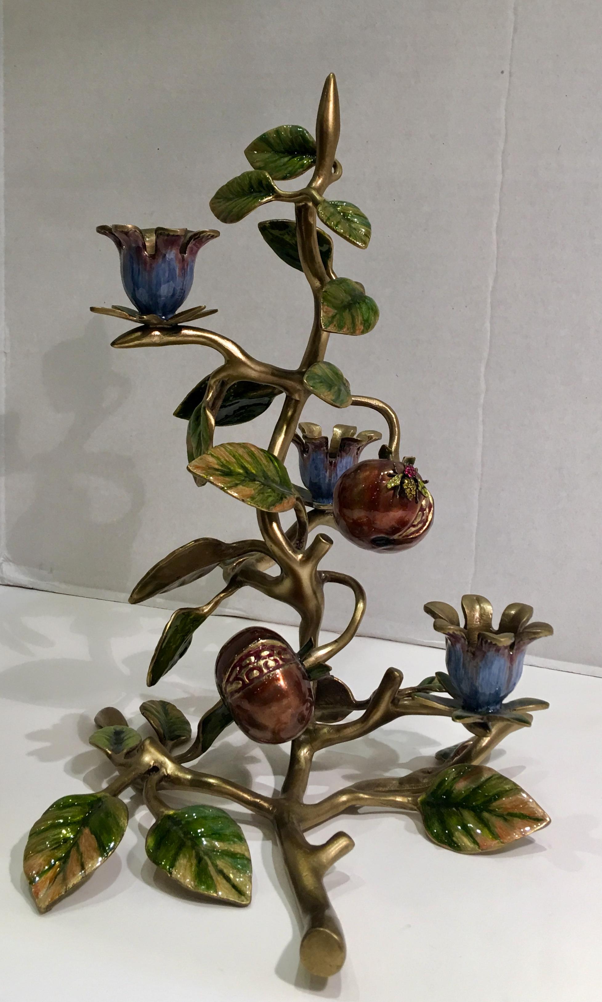 Bejeweled candelabra with a pomegranate, flower and leaf motif from the Jay Strongwater 