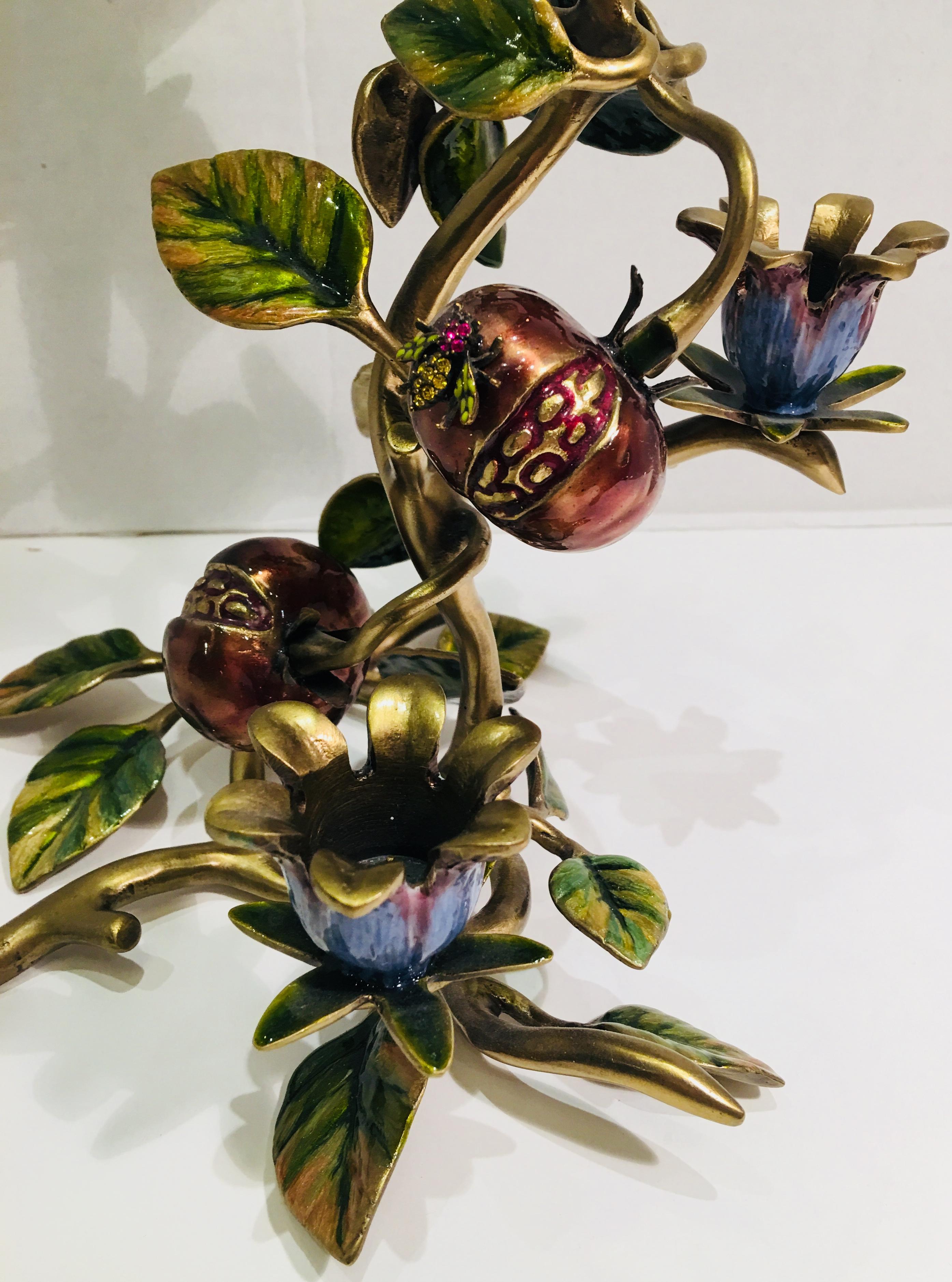 Elegant Jay Strongwater Polychrome Enamel Candelabra with Pomegranate and Flora In Excellent Condition For Sale In Tustin, CA